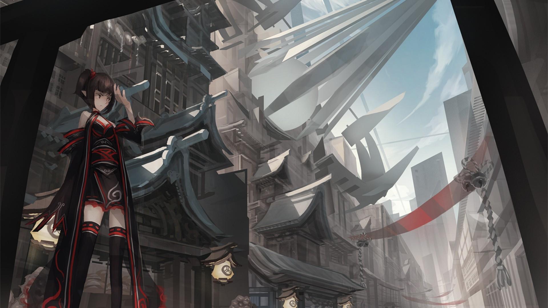 1920x1080 japanese buildings fantasy art artwork anime girls 1920x1080 wallpaper