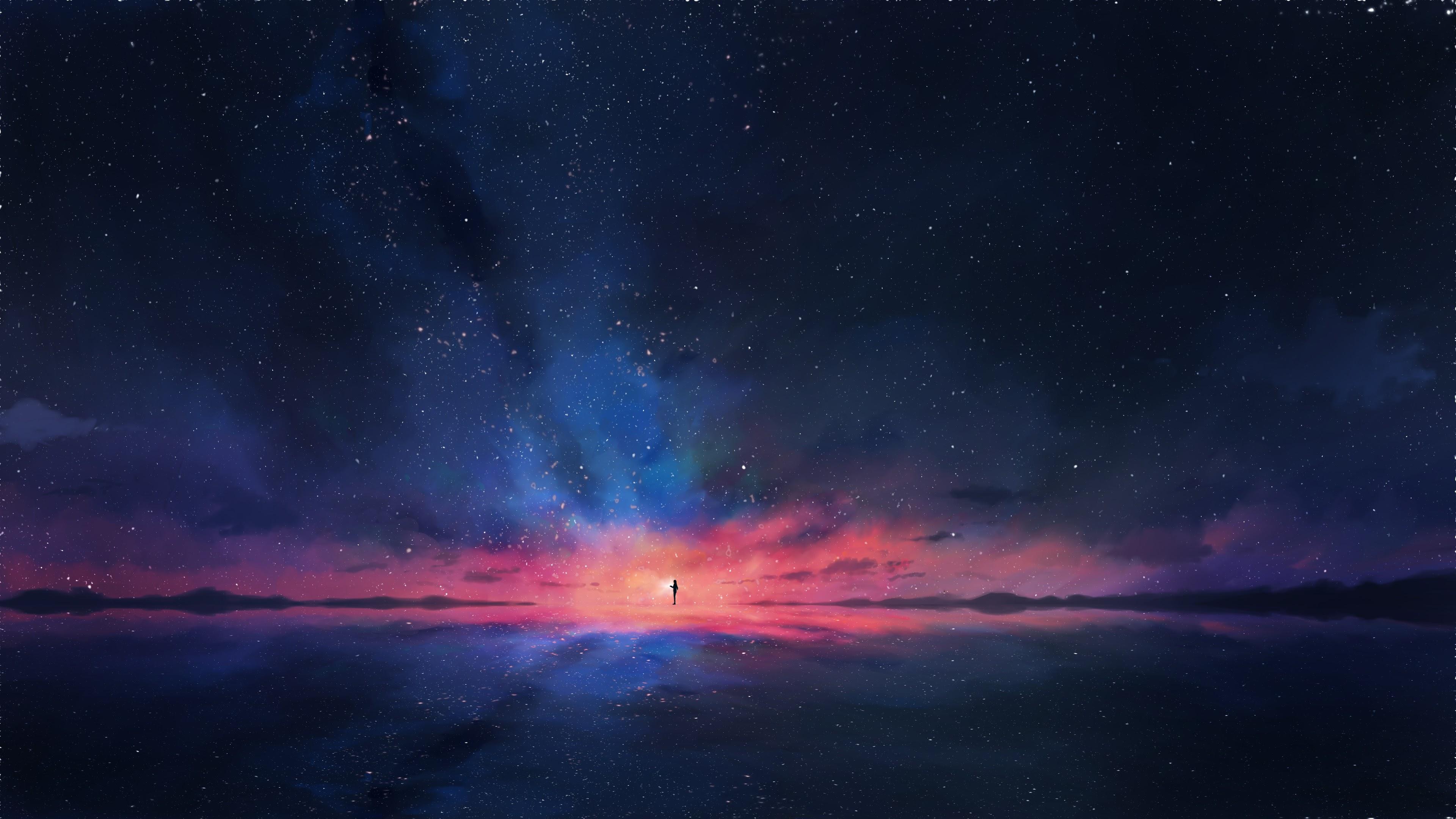 3840x2160 Anime Night Sky Stars Horizon Scenery 4K Wallpaper