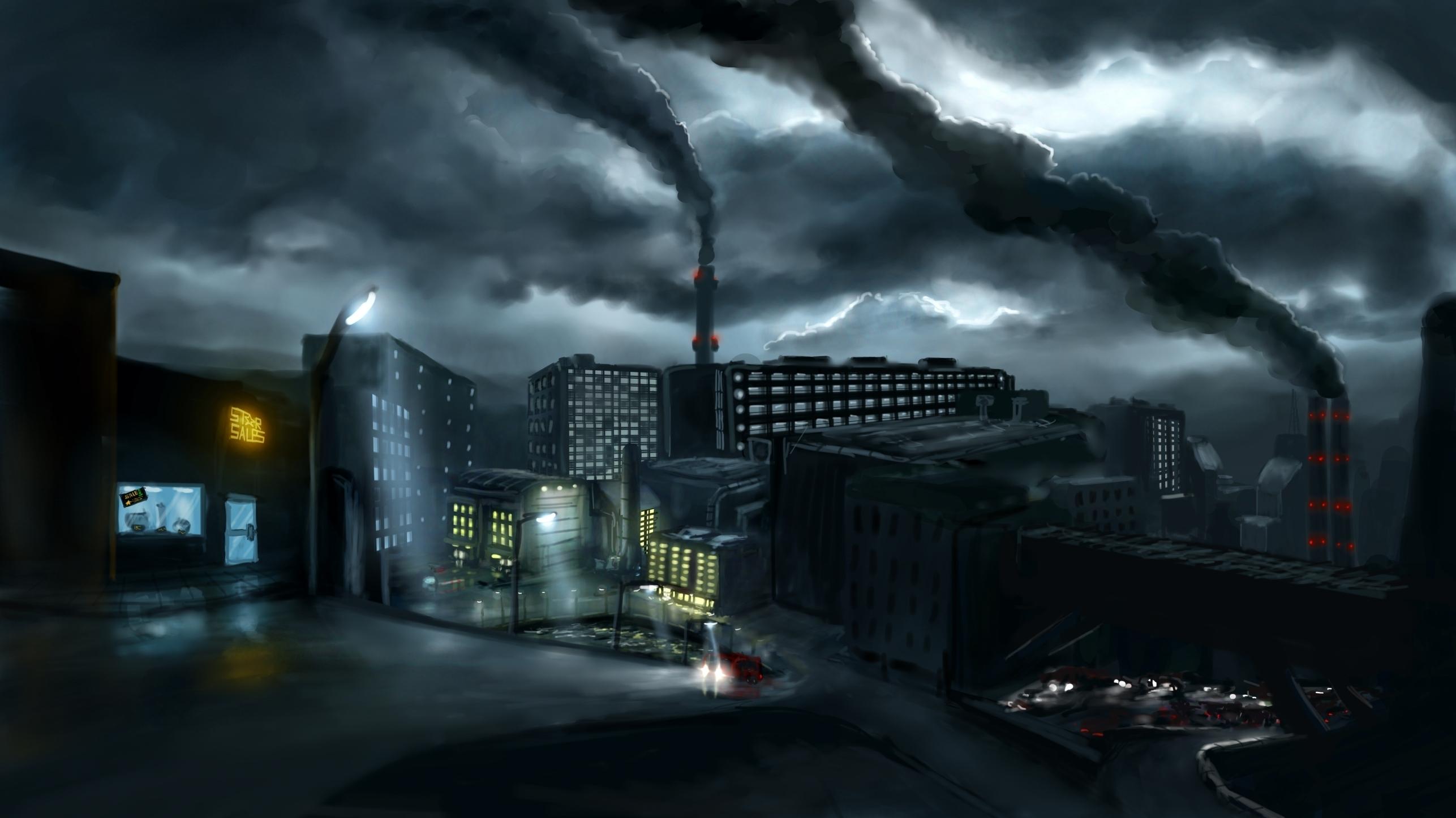 2573x1447 Dark Industrial City HD Wallpaper