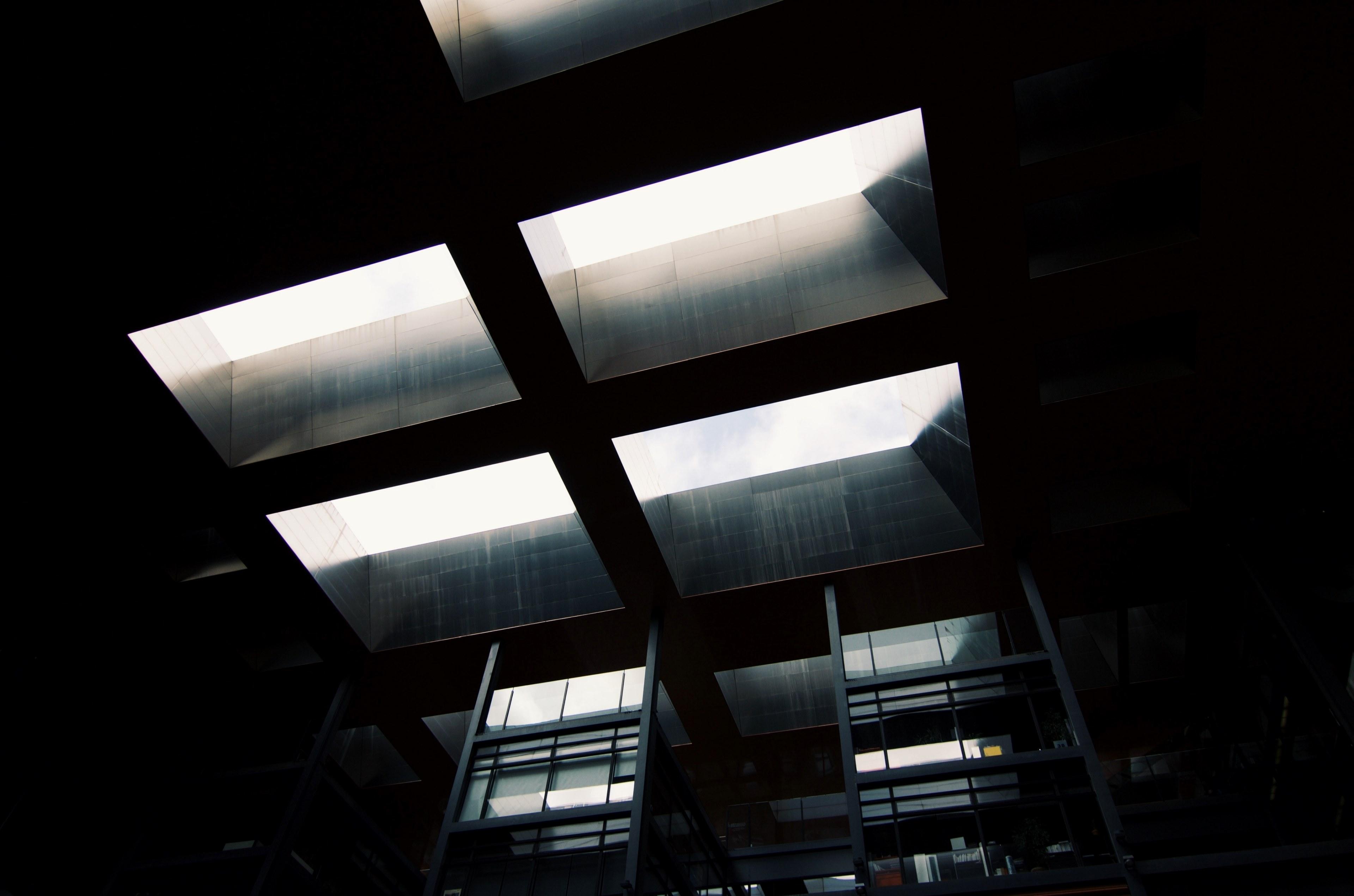 3840x2543 Wallpaper / skylight window from below in dark industrial room at museo nacional centro de arte reina sofa, black building architecture 4k wallpaper