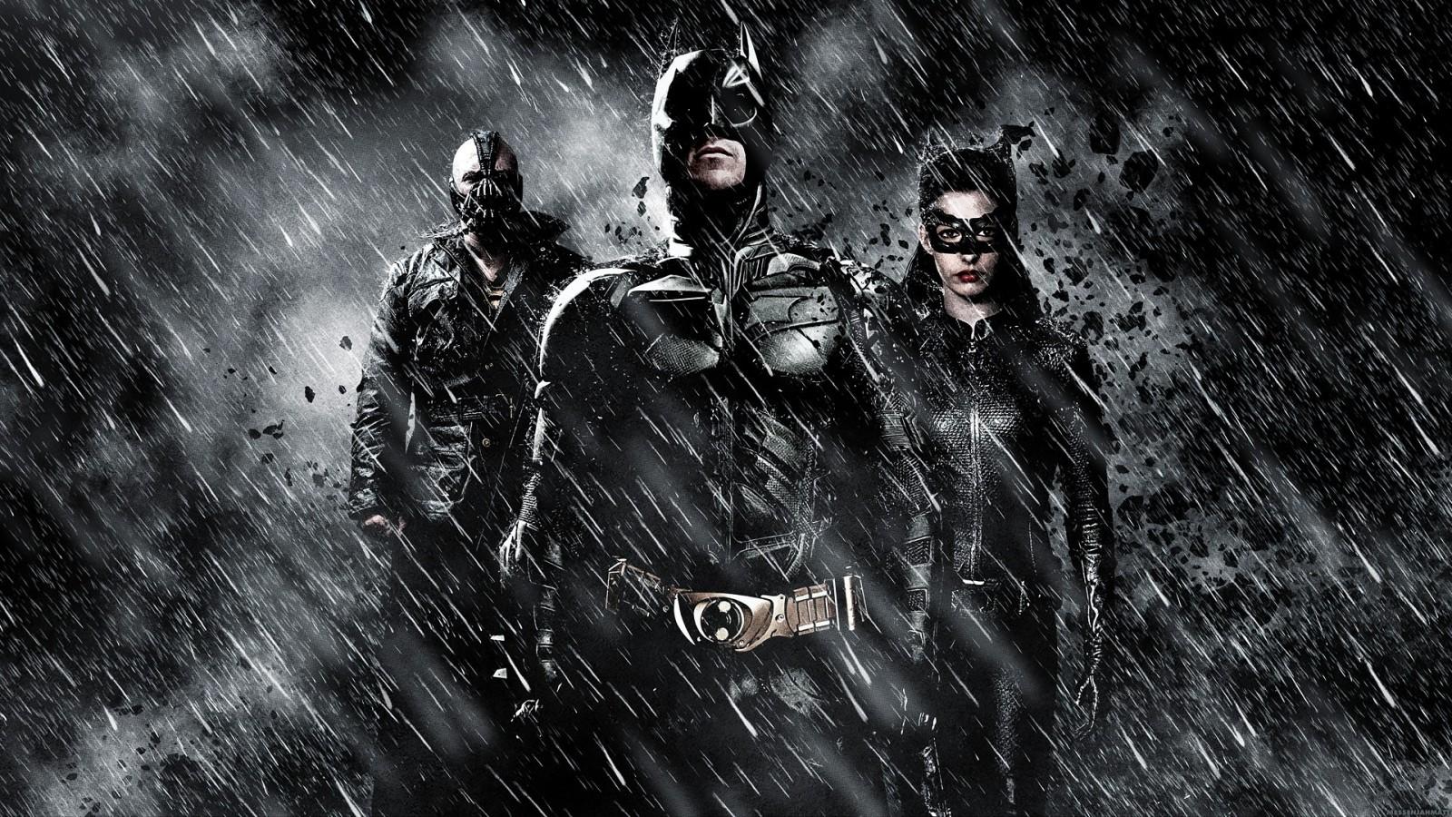 1600x900 monochrome, rain, Batman, Catwoman, movies, The Dark Knight Rises, Bane, Selina Kyle, MessenjahMatt, darkness, screenshot, computer wallpaper, special effects, album cover High quality walls