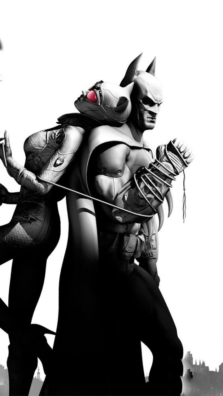 720x1280 Wallpaper batman arkham city, catwoman, airship, city, clouds, game, name, black and white, batman. Catwoman arkham city, Batman arkham city, Batman