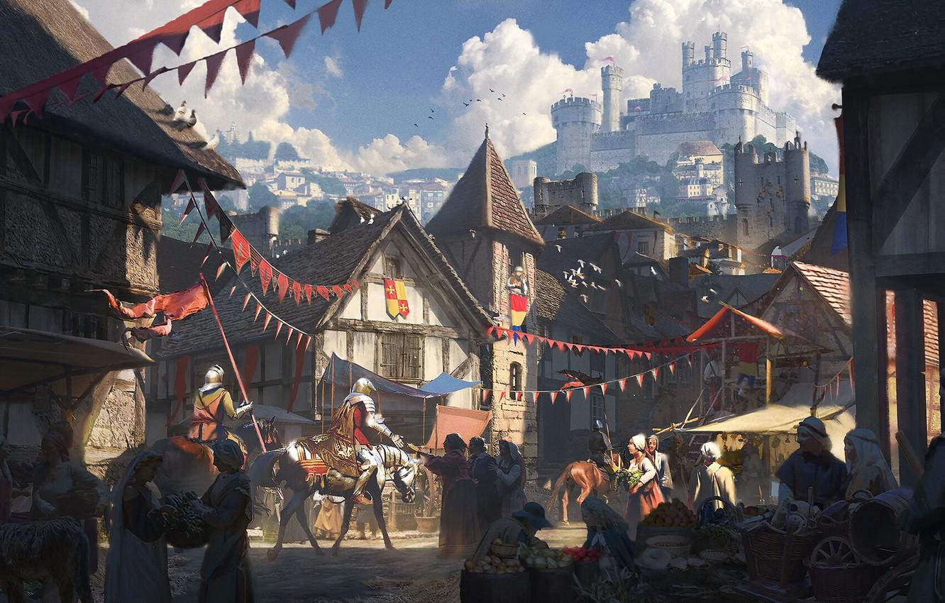 1332x850 Wallpaper fantasy, street, people, houses, village, castle, artist, digital art, knights, artwork, fantasy art, Cmy Cai image for desktop, section фантастика