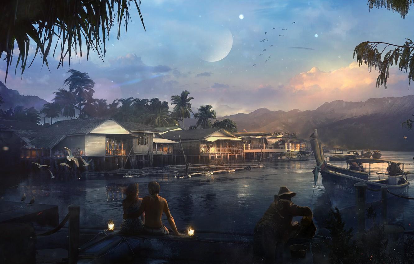 1332x850 Wallpaper people, shore, lantern, pond, Fishing village image for desktop, section рендеринг