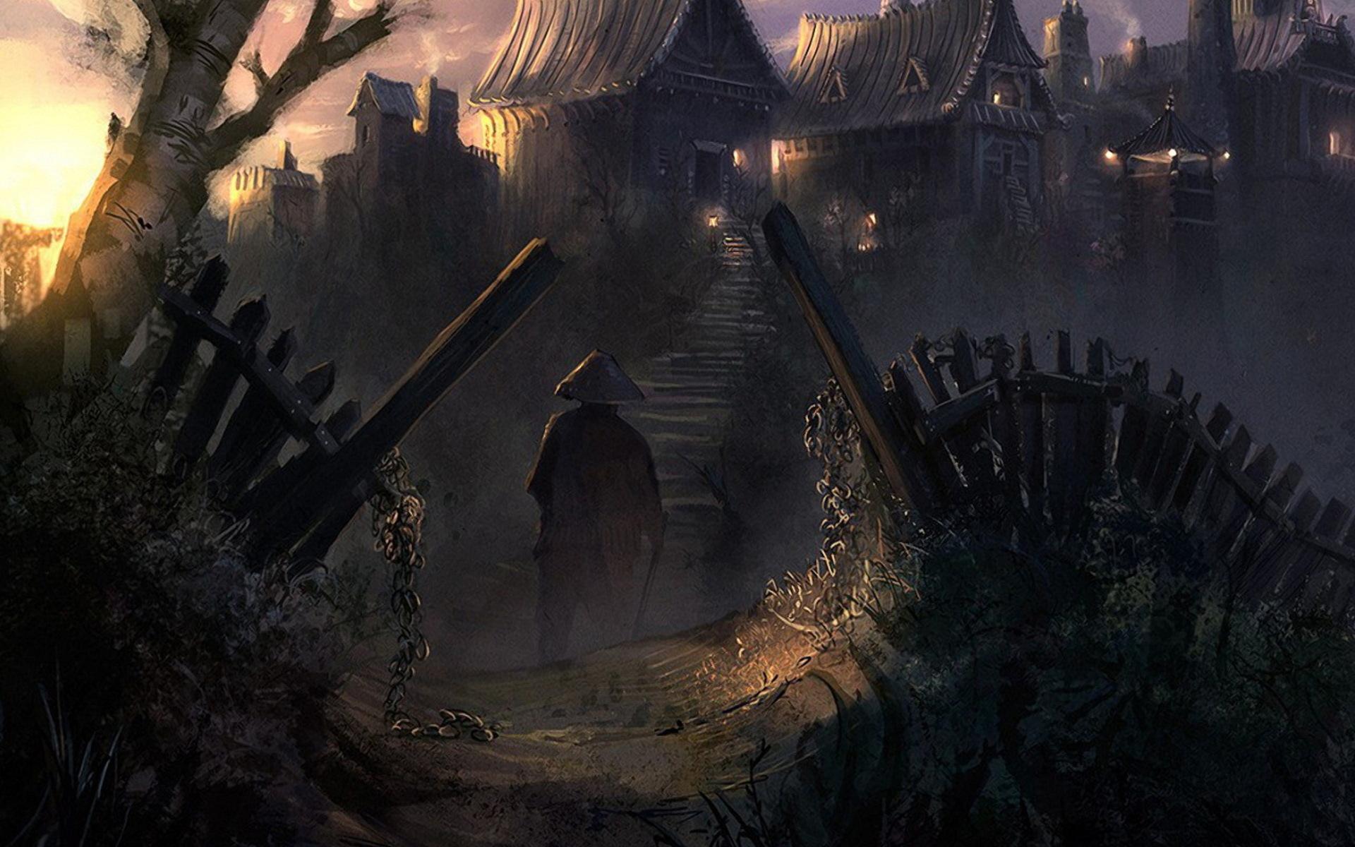 1920x1200 china, Village, Art, Cities, Dark, Fantasy, People, Weapon, Sword, Landscapes, Buildings, Spooky, Creepy Wallpaper HD / Desktop and Mobile Background