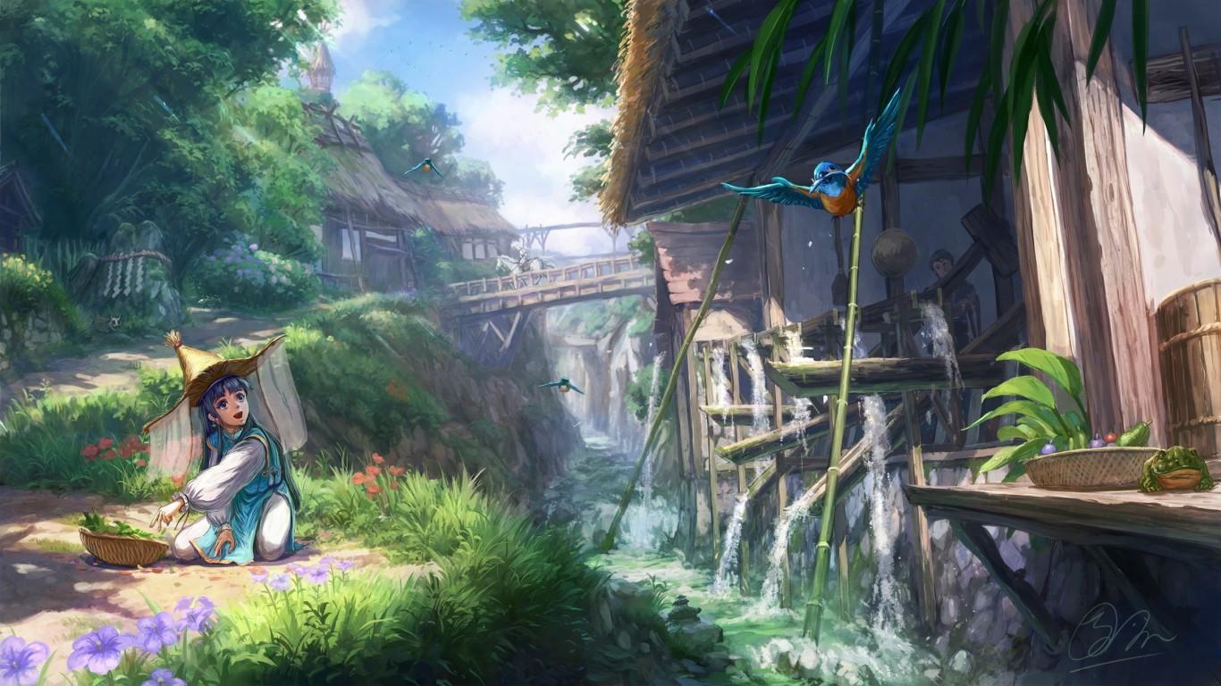 1366x768 Download 1366x768 Anime Village, Bridge, Water, Houses, People, Scenic, Calm Wallpaper for Laptop, Notebook