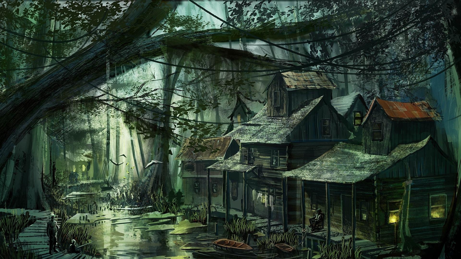 1920x1080 1920x1080 village, forest, houses, art, buildings, swamp, people