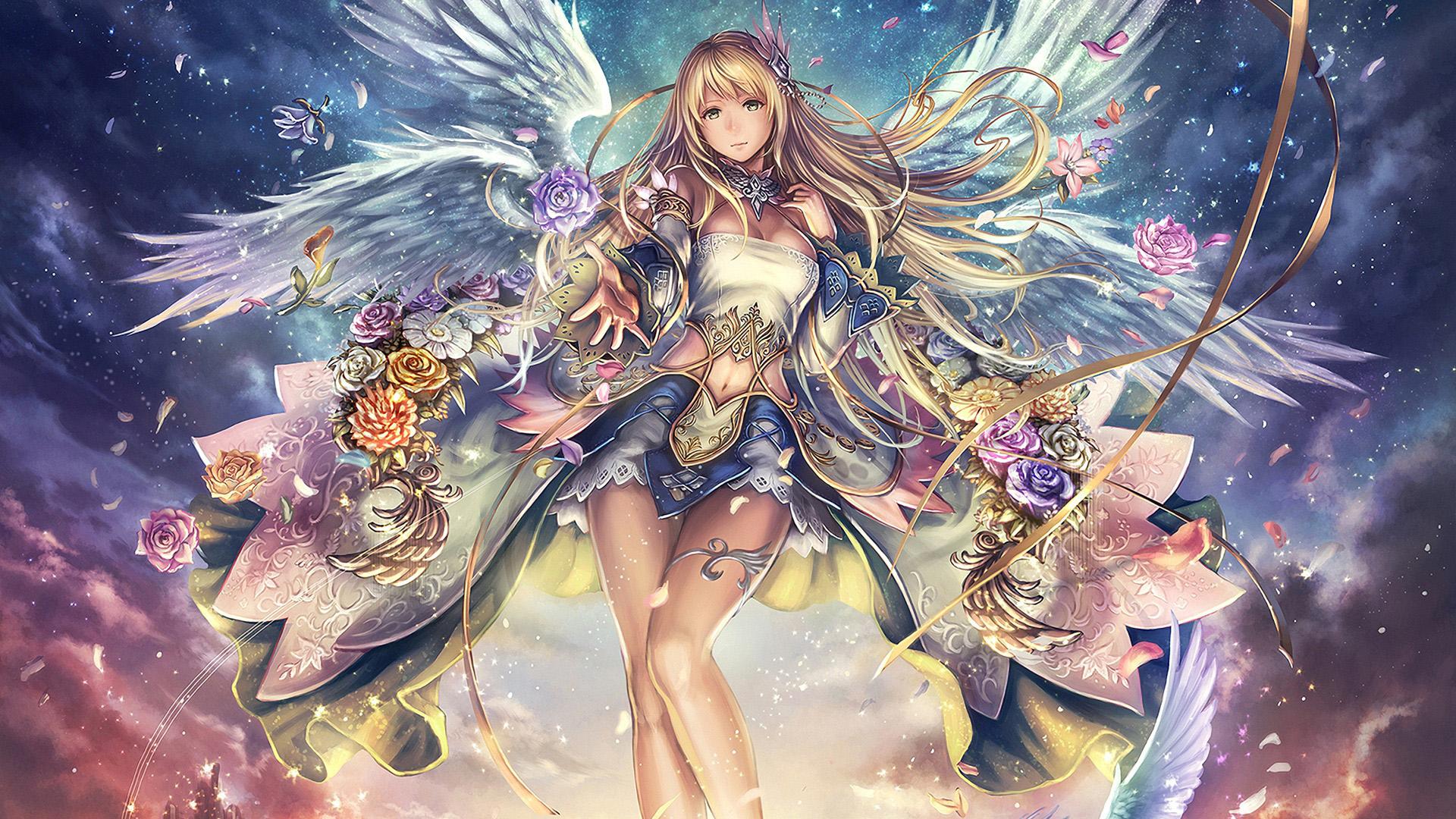 1920x1080 Girl, angel wings, petals, fantasy, gorgeous, anime desktop wallpaper