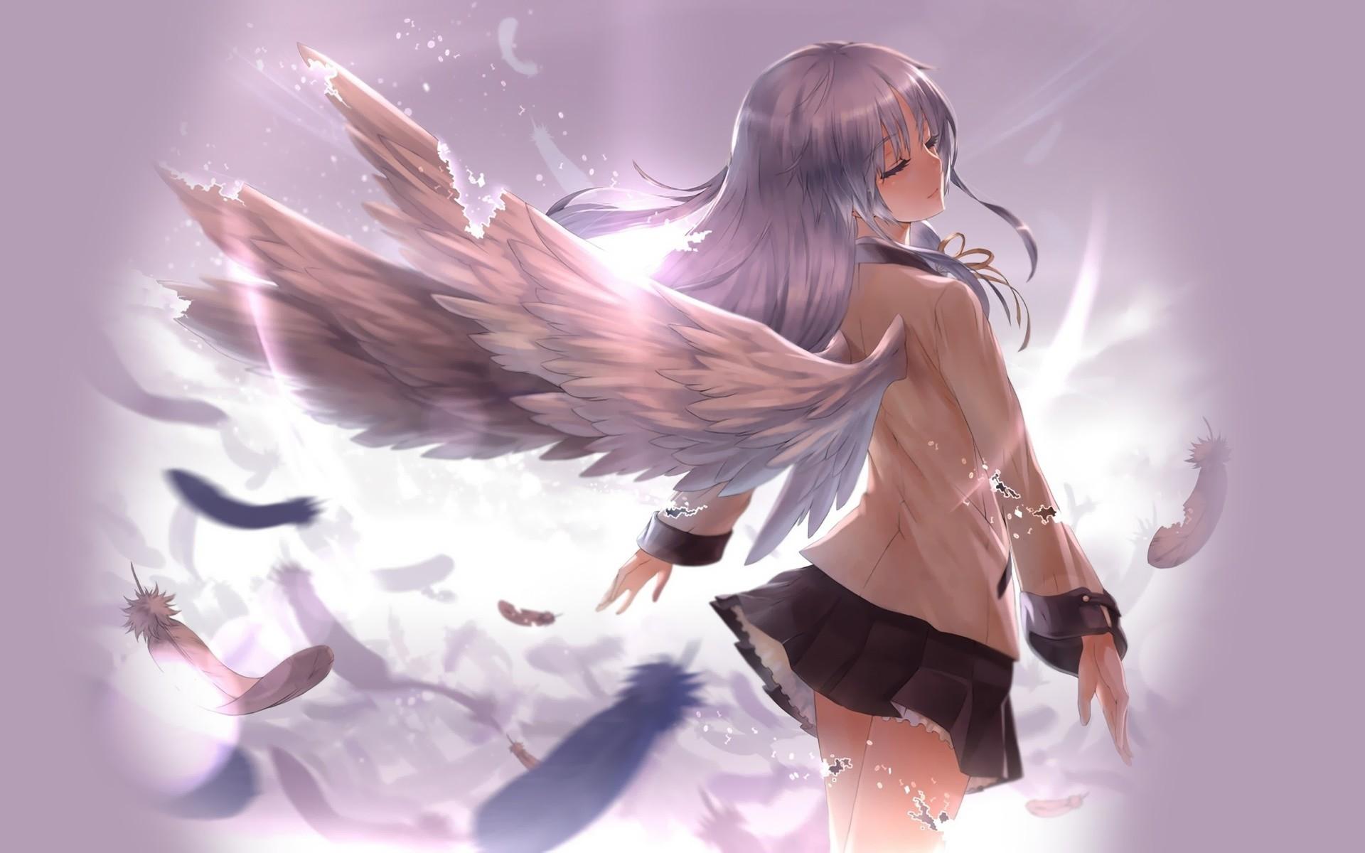 1920x1200 wings angel beats school uniforms skirts long hair feathers purple hair tachibana kanade anime close