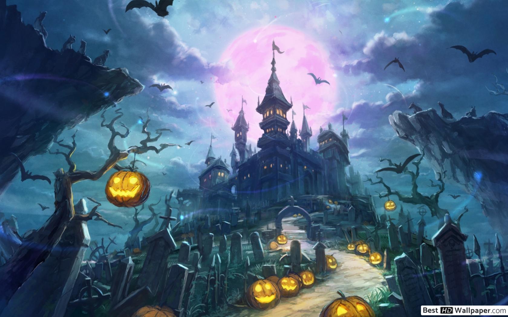1680x1050 Halloween Haunted House and Graveyard HD wallpaper download