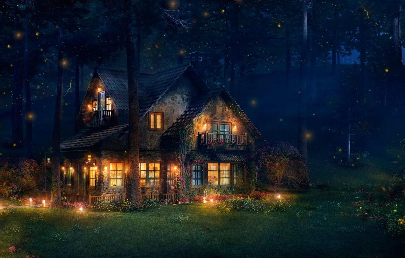 1332x850 Wallpaper forest, house, fireflies, art, The Firefly Cottage image for desktop, section природа
