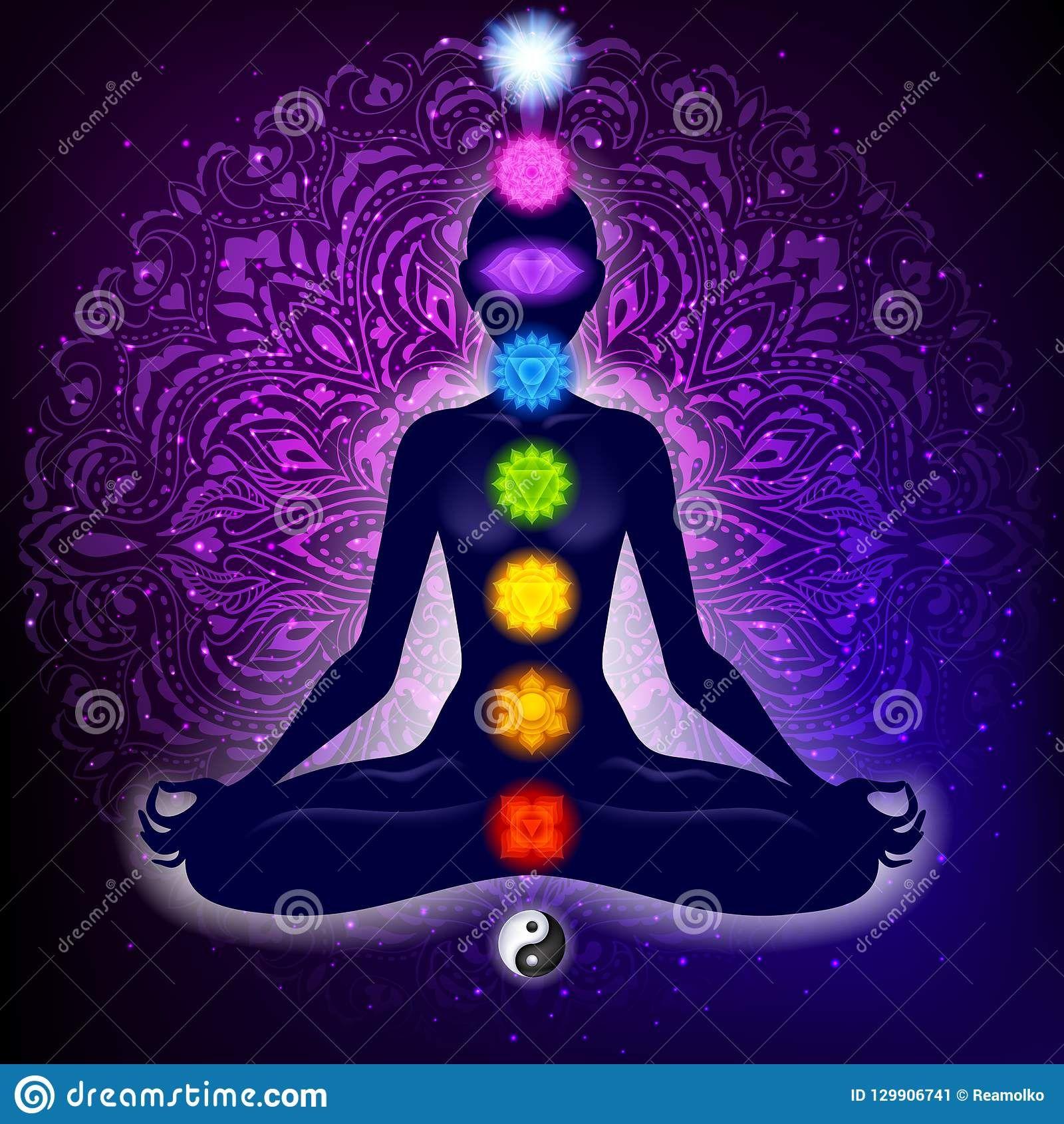 1600x1690 Illustration about Meditating woman in lotus pose. Yoga illustration. Colorful 9 chakras and aura glow. Mandala. Yoga illustration, Chakra image, Chakra painting