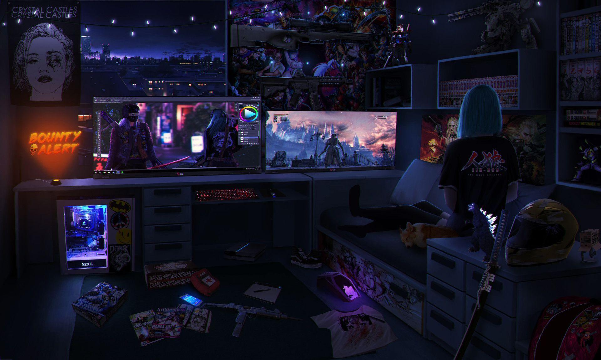 Anime gamer girl, room, gaming setup, headphones, Anime, HD wallpaper |  Peakpx