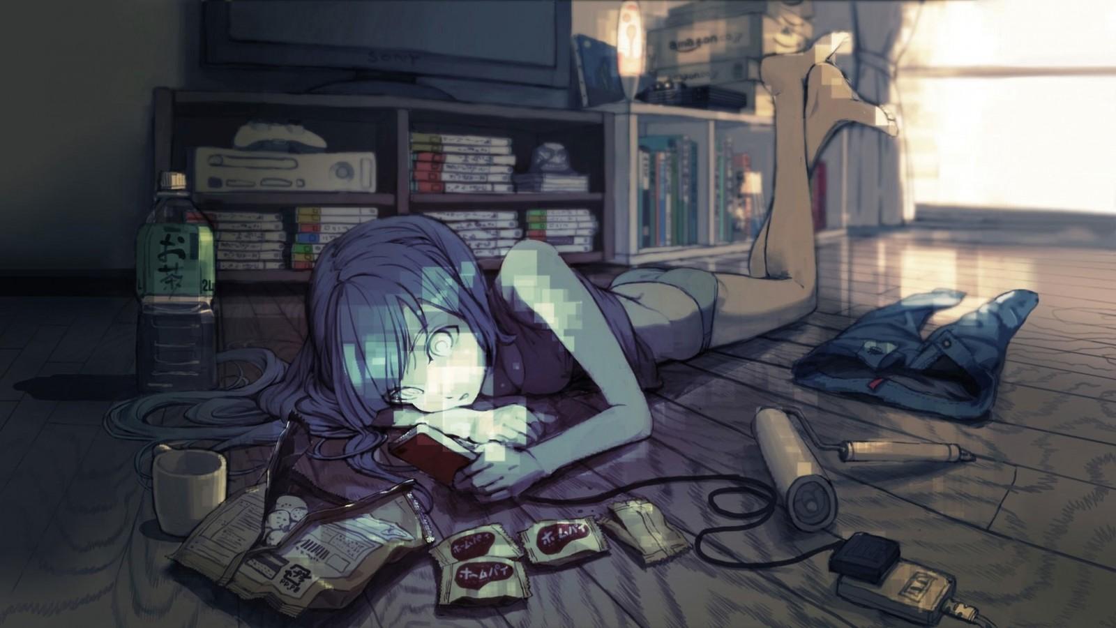 1600x900 anime girls, blue hair, room, original characters, games, screenshot, gadget, pc game. Mocah HD Wallpaper