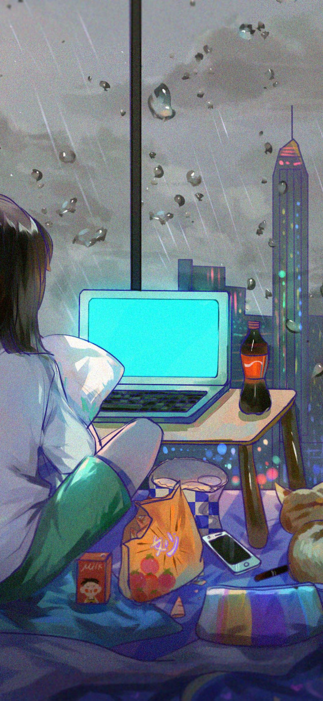 1125x2436 Anime Girl Room City Cat iPhone XS, iPhone iPhone X HD 4k Wallpaper, Image, Background, Photo and Picture