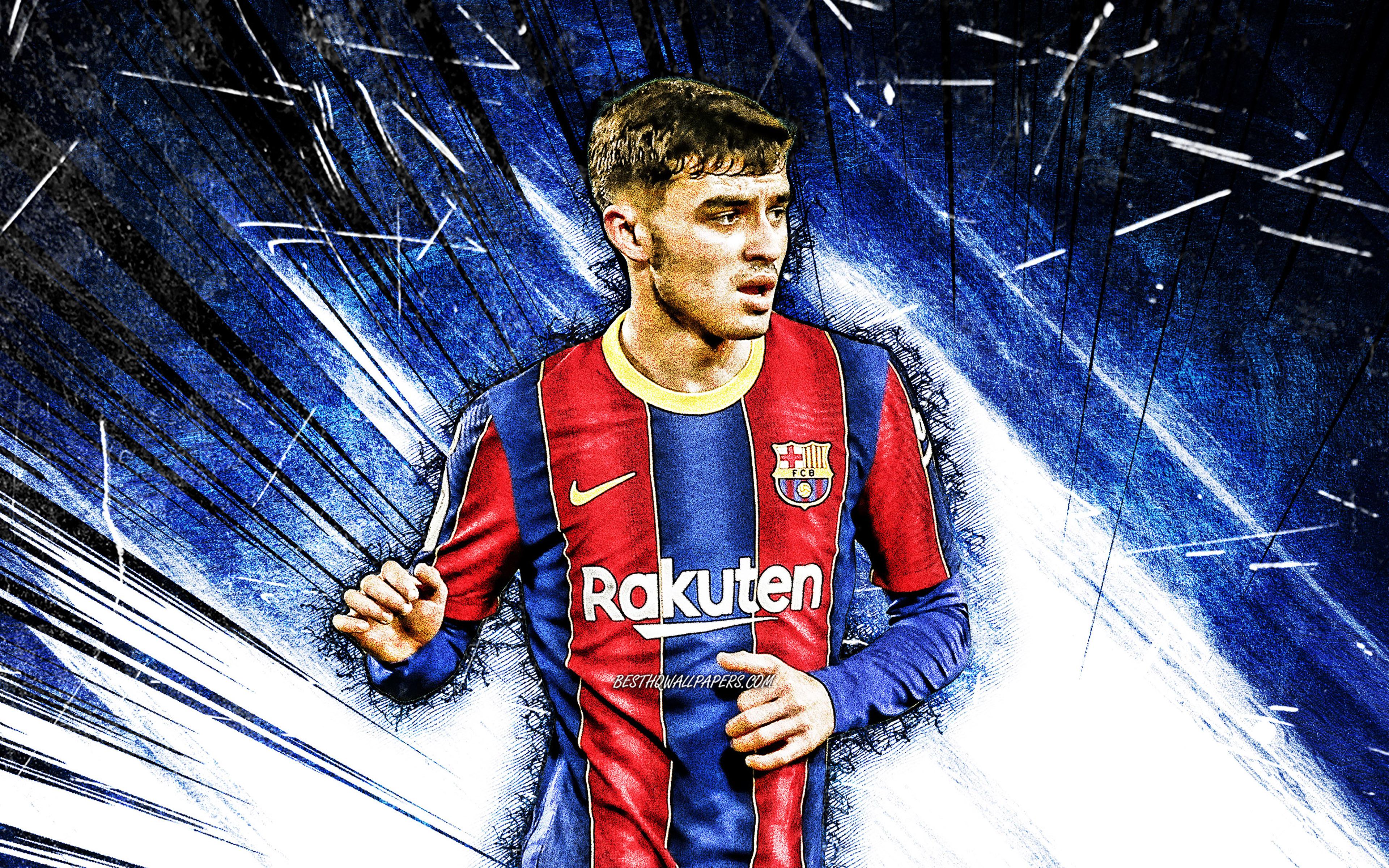 3840x2400 Download wallpaper 4k, Pedri, grunge art, Barcelona FC, spanish footballers, LaLiga, Pedro Gonzalez Lopez, Barca, football, Pedri 4K, blue abstract rays, soccer, Pedri Barcelona, La Liga, FCB for desktop with resolution