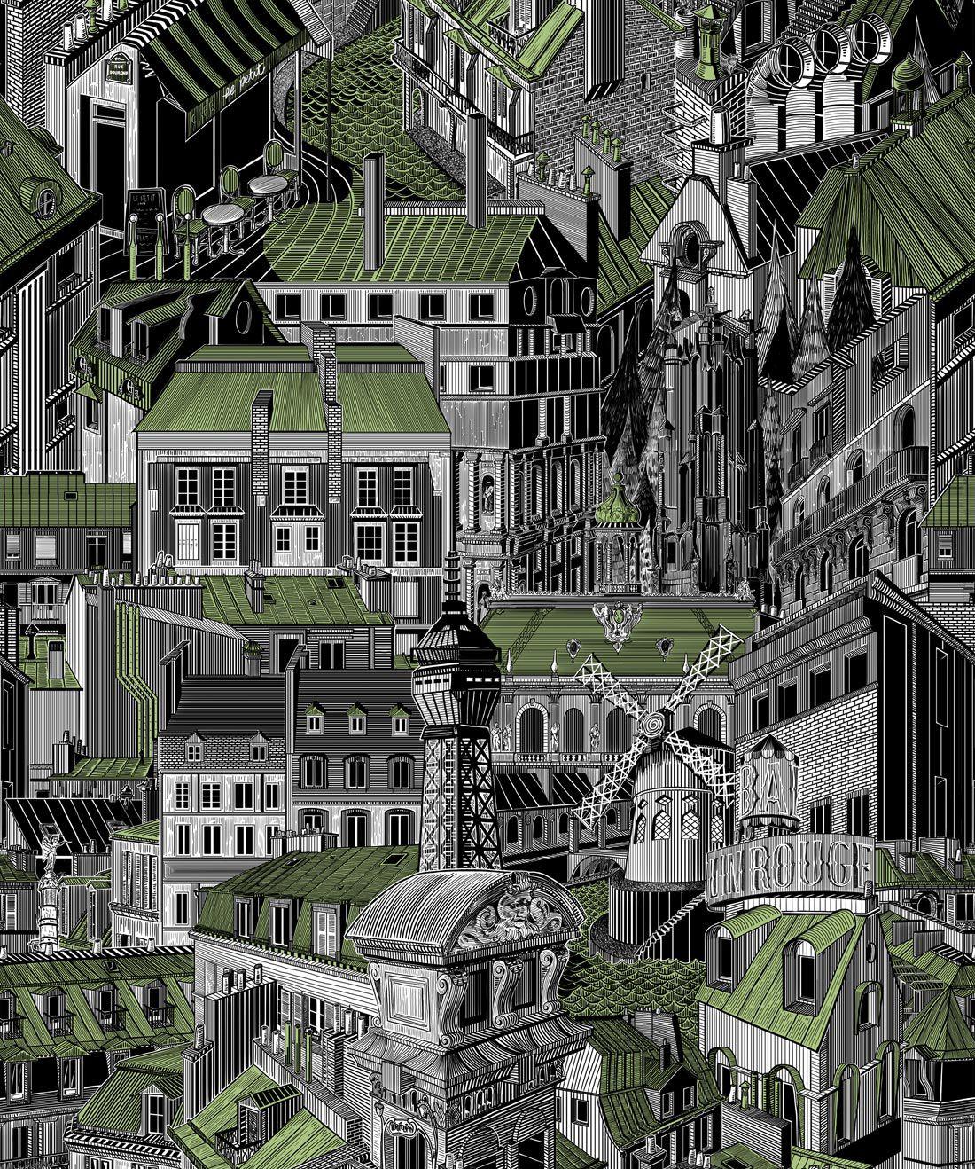 1100x1318 Paris Rooftops, Unique Illustrative Designer Wallpaper