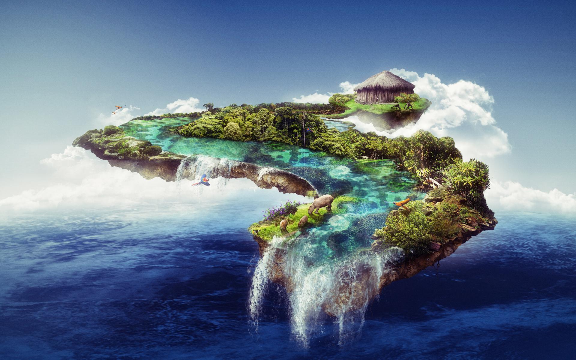 1920x1200 Download 1920x1200 wallpaper floating island, waterfall, clouds, wildlife, sea, fantasy, widescreen 16: widescreen, 1920x1200 HD image, background, 7474