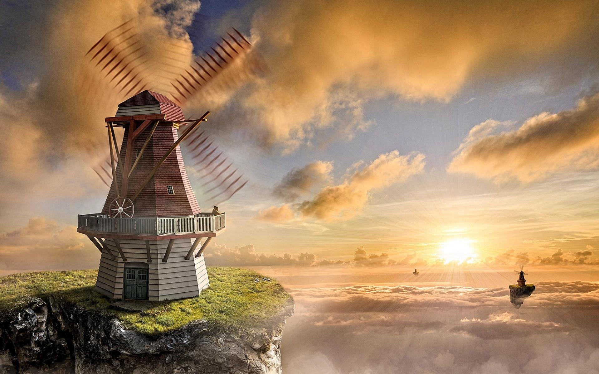 1920x1200 Building, Cloud, Floating Island, Horizon, Sun Wallpaper & Background Image