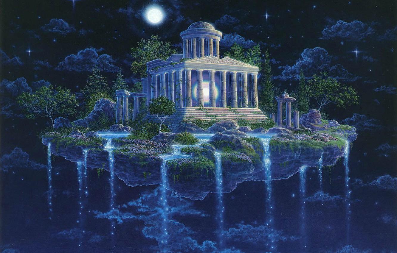 1332x850 Wallpaper the sky, night, island, waterfall, stars, Moon Temple, GILBERT WILLIAMS image for desktop, section фантастика