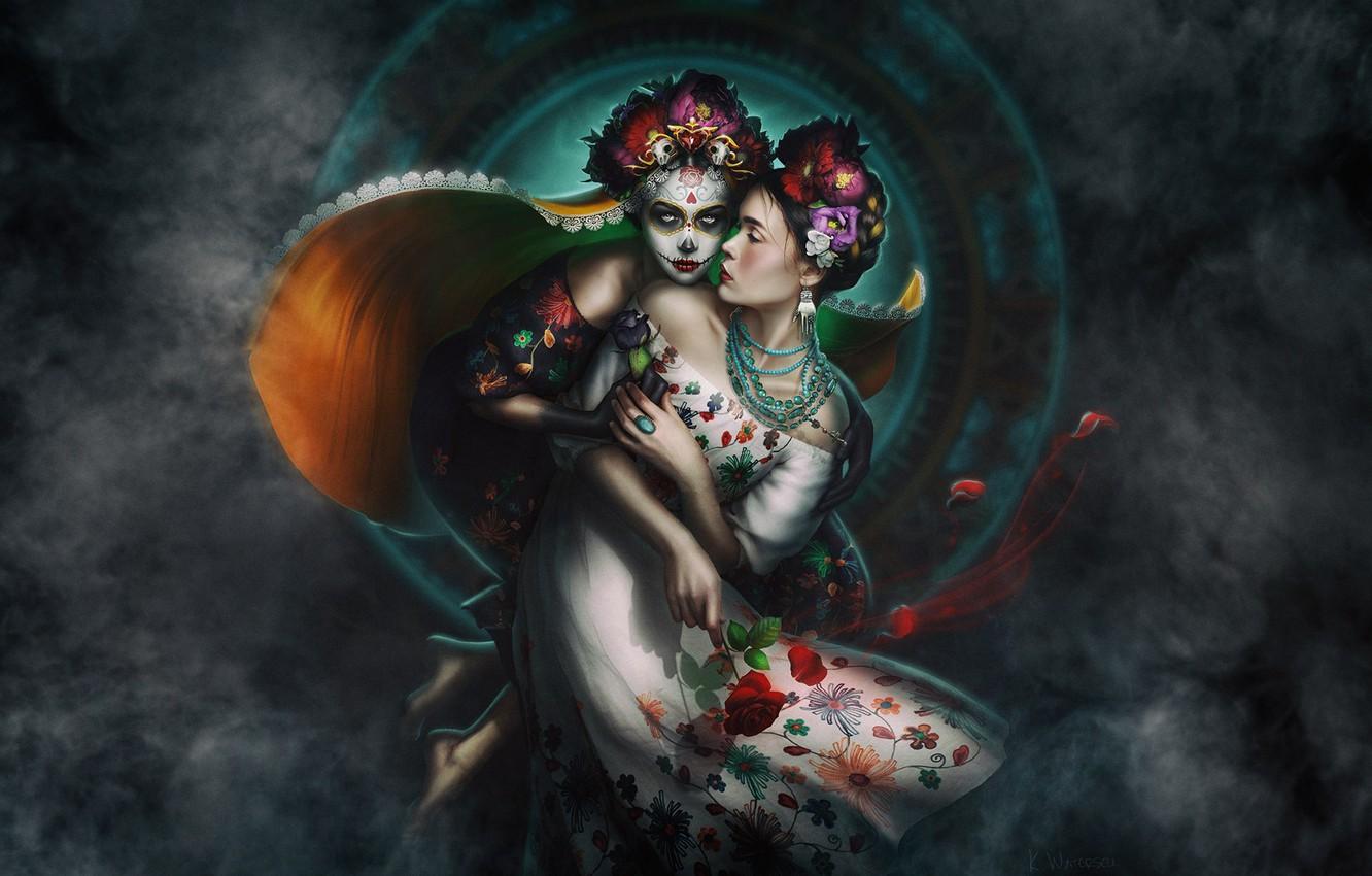 1332x850 Wallpaper Girls, Smoke, Fantasy, Art, Characters, Santa Muerte, Holy Death, Santa Muerte, Katie Watersell, by Katie Watersell image for desktop, section арт