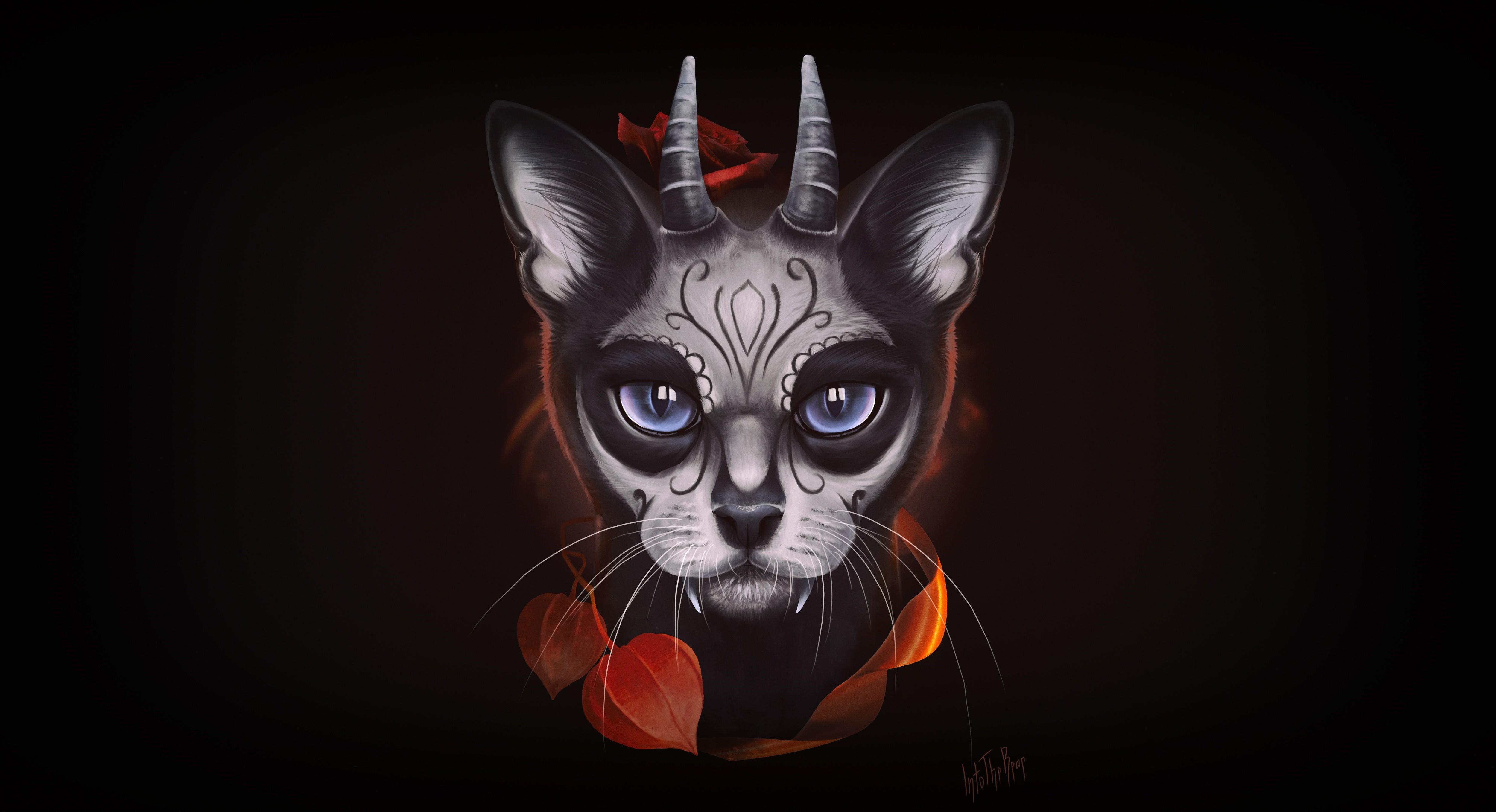 5000x2715 4K, 5K, Santa Muerte, Into The Bear, Cats, Horns, Black background, Glance. Mocah HD Wallpaper
