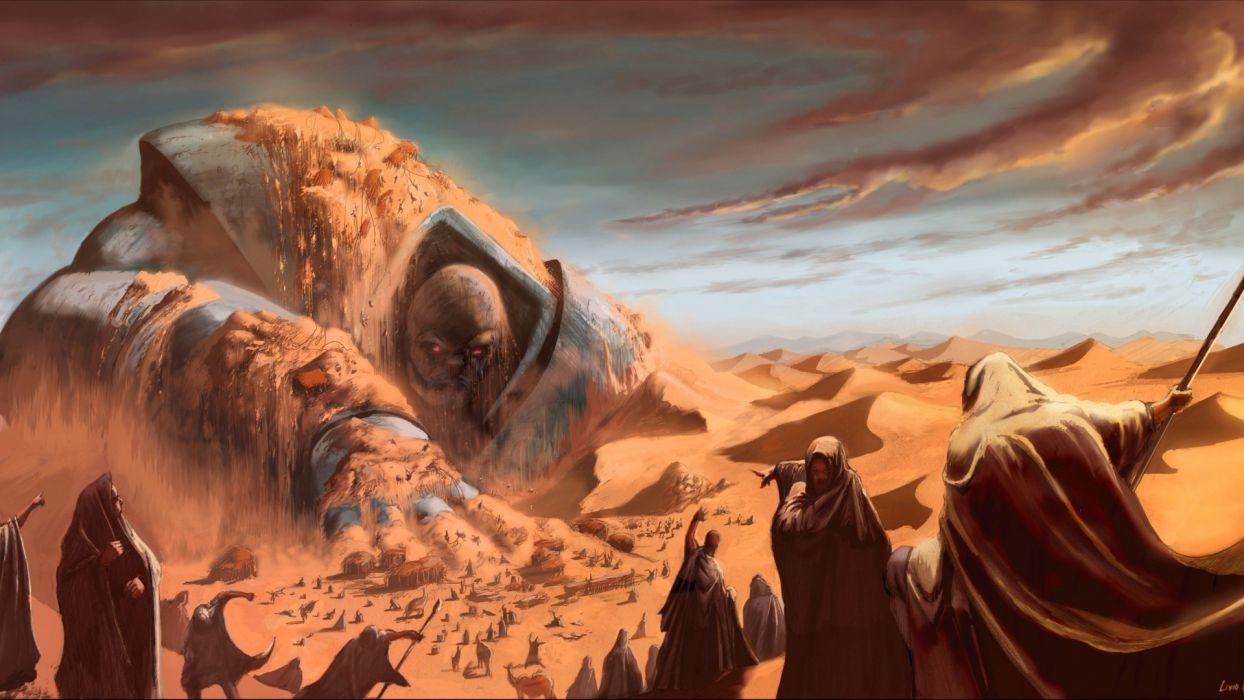 1244x700 Livio Ramondelli fantasy art monster battle weapons spear desert sand wallpaperx1080