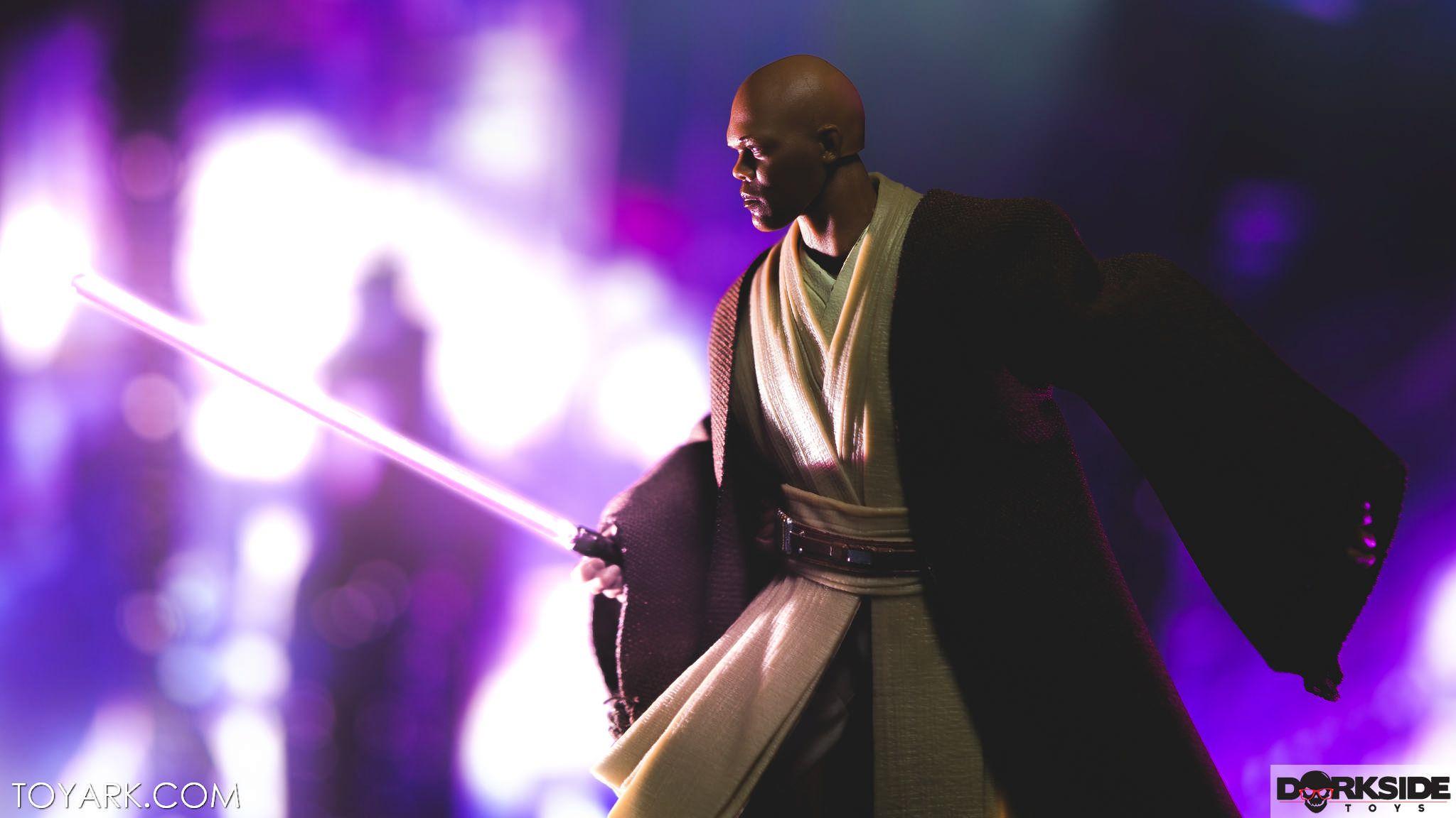 prompthunt mace windus son guarding the throne wearing black and purple  jedi robe in giant underground royal hall