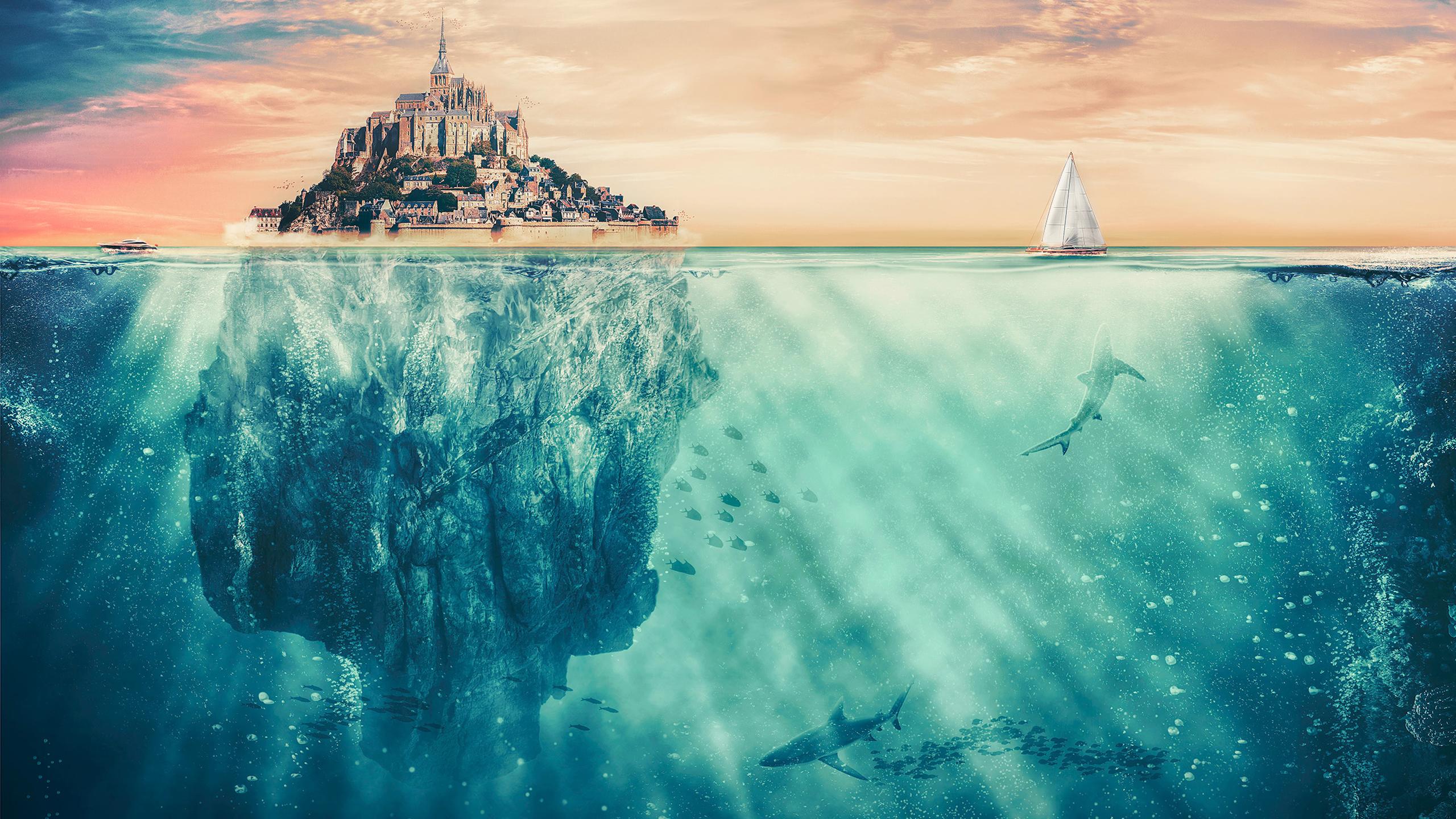 2560x1440 Surreal Fantasy Island HD Wallpaper