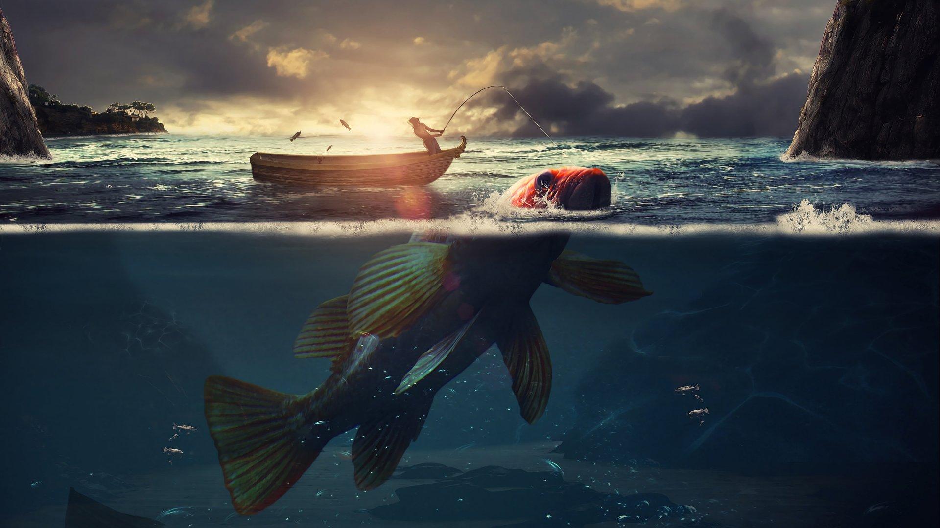1920x1080 Surreal, Fishing, Boat, Sea, Sunrise, Underwater, 4k Free deskk wallpaper, Ultra HD
