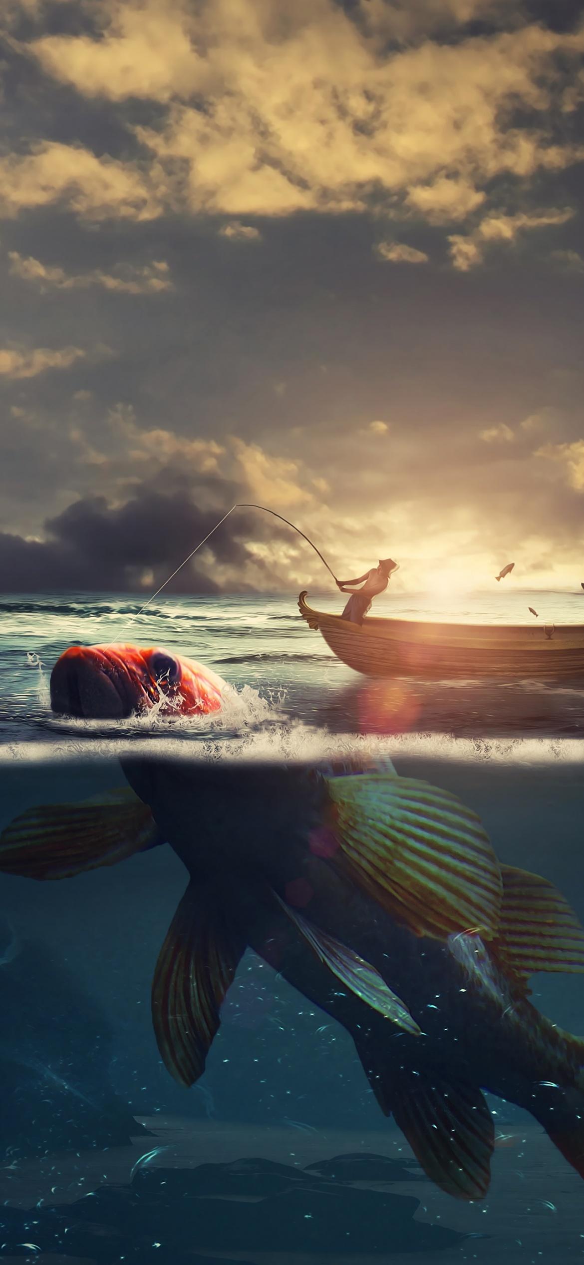 1170x2532 Surreal Wallpaper 4K, Fishing, Boat, Sea, Sunrise, Underwater, Fantasy
