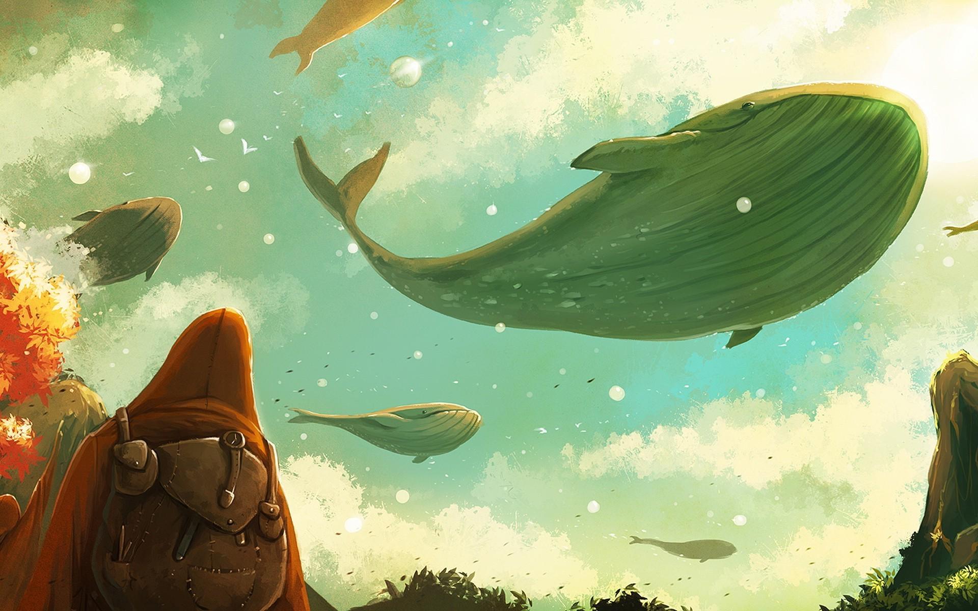 1920x1200 flying whale atmosphere surreal backpacks clouds artwork wallpaper