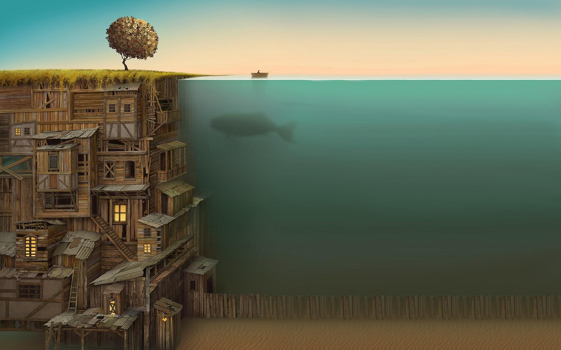 1920x1200 surreal abstract anime sea whale artwork fantasy art creature split view fish ladders boat underwater jacek yerka wallpaper