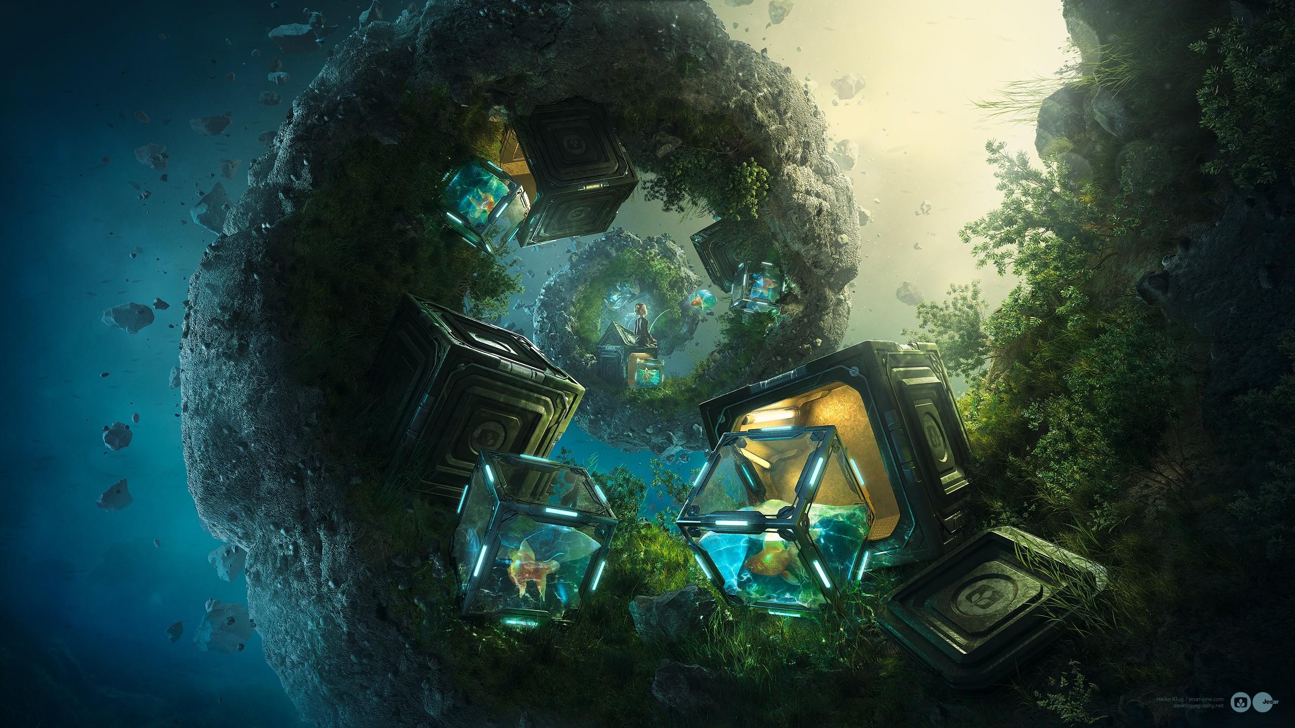 2560x1440 Abstract Underwater Goldfish Fantasy Art Cube Artwork Spiral Sea Rock Children Fish Surreal Wallpaper:2560x1440