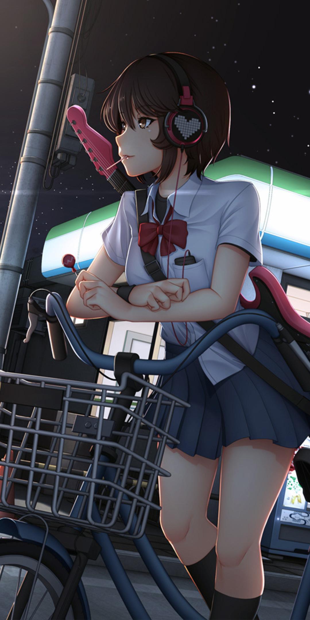 1080x2160 Cute Anime Girl With Bicycle Listening Music On Headphones One Plus 5T, Honor 7x, Honor view Lg Q6 HD 4k Wallpaper, Image, Background, Photo and Picture