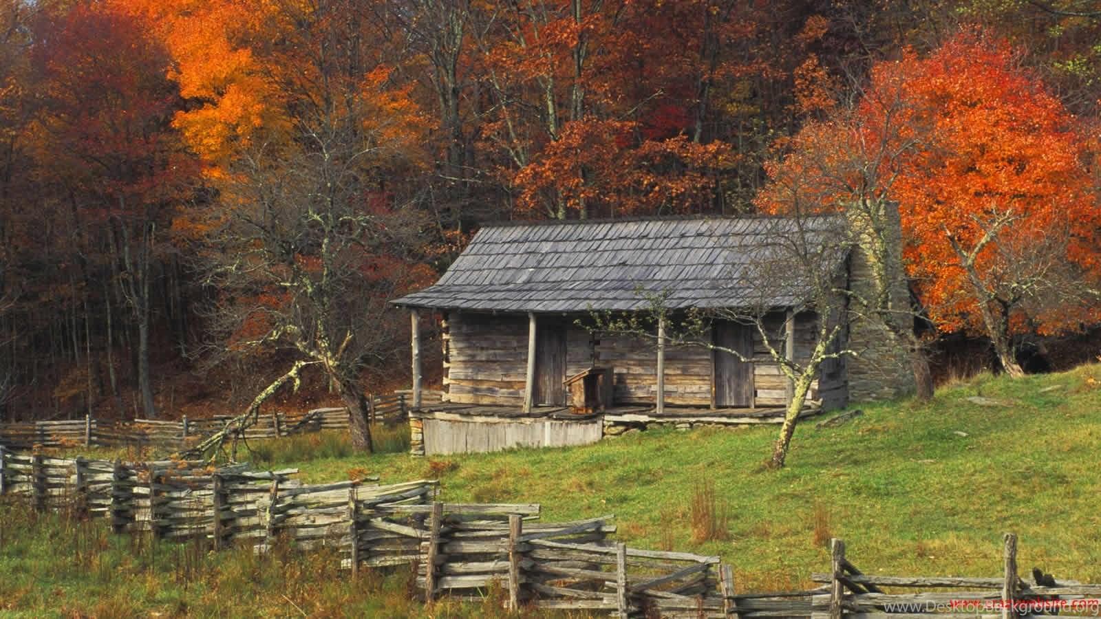 1600x900 Autumn Fall Color Kentucky Country Log Cabin Wallpaper Brightly. Desktop Background