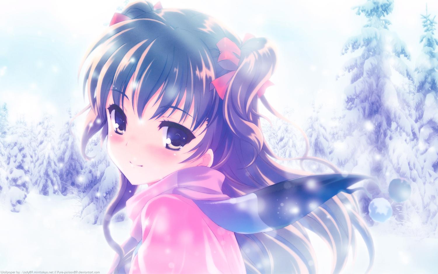 1500x938 brown eyes brown hair close ogata rina snow tree white album. konachan.com.com Anime Wallpaper