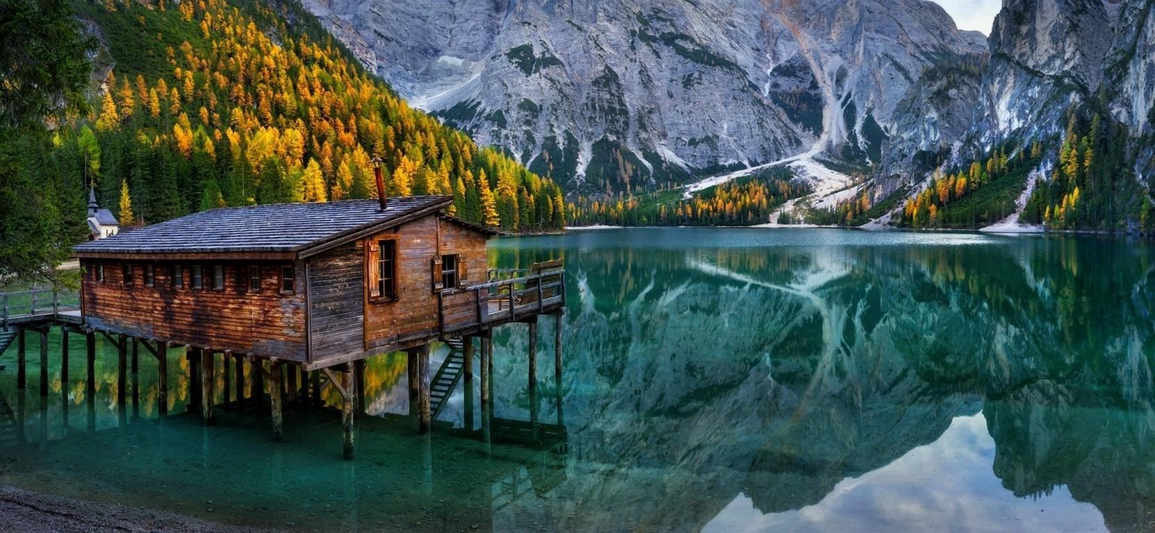 1662x768 nature landscape lake mountain cabin chapel forest fall italy alps turquoise water reflection trees HD wallpaper, Background