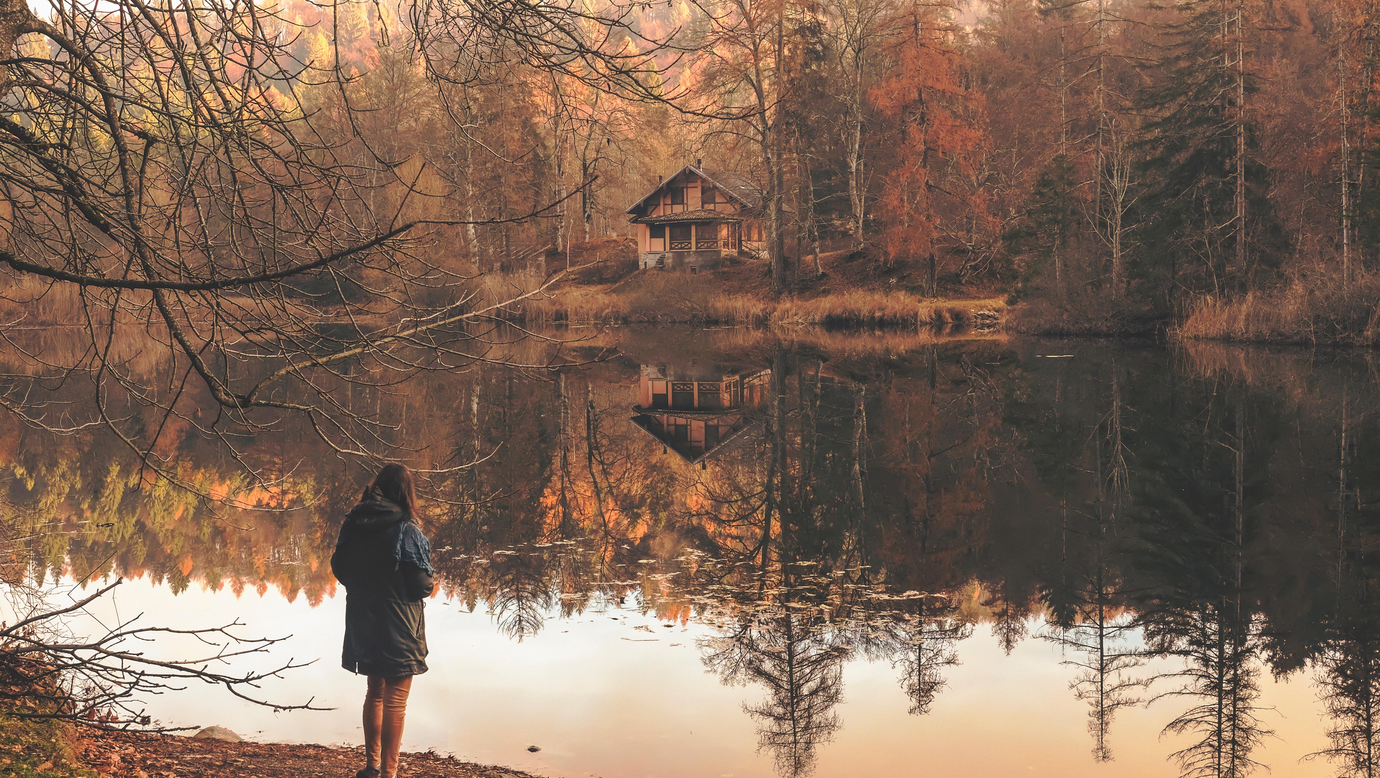 4722x2662 4722x2662 #autumnal, #color, #forest, #autumn, #lady, #explore, #lakeside, #woman, #female, #lake side, #tree, #building, #reflection, #looking out, #cabin, #fall, #standing, #person, #house, #lake, #PNG image. Mocah HD Wallpaper