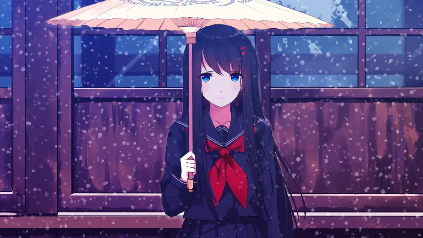 1366x768 Download 1366x768 wallpaper umbrella, blue eyes, anime girl, winter, tablet, laptop, 1366x768 HD image, background, 6905