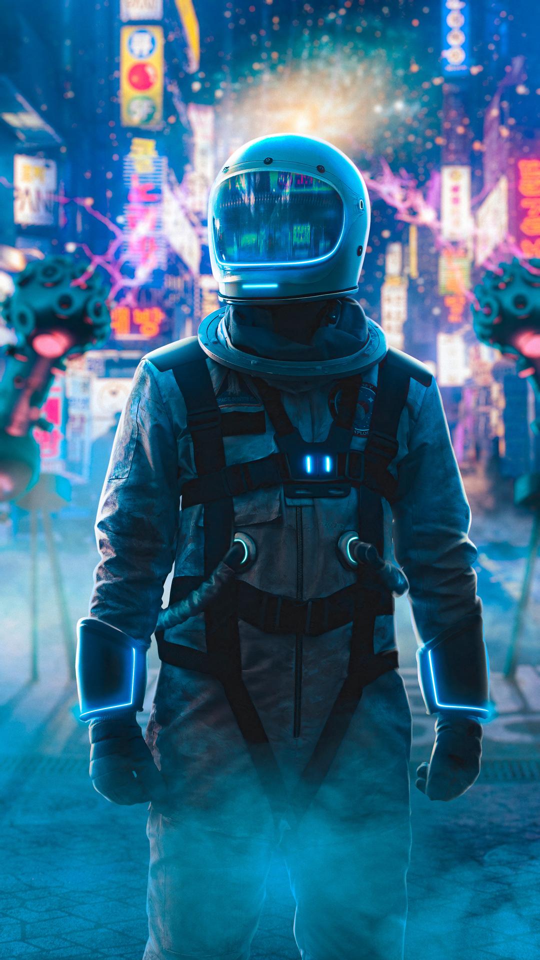 1080x1920 Astronaut Alone In Neon City 4k iPhone 6s, 6 Plus, Pixel xl , One Plus 3t, 5 HD 4k Wallpaper, Image, Background, Photo and Picture