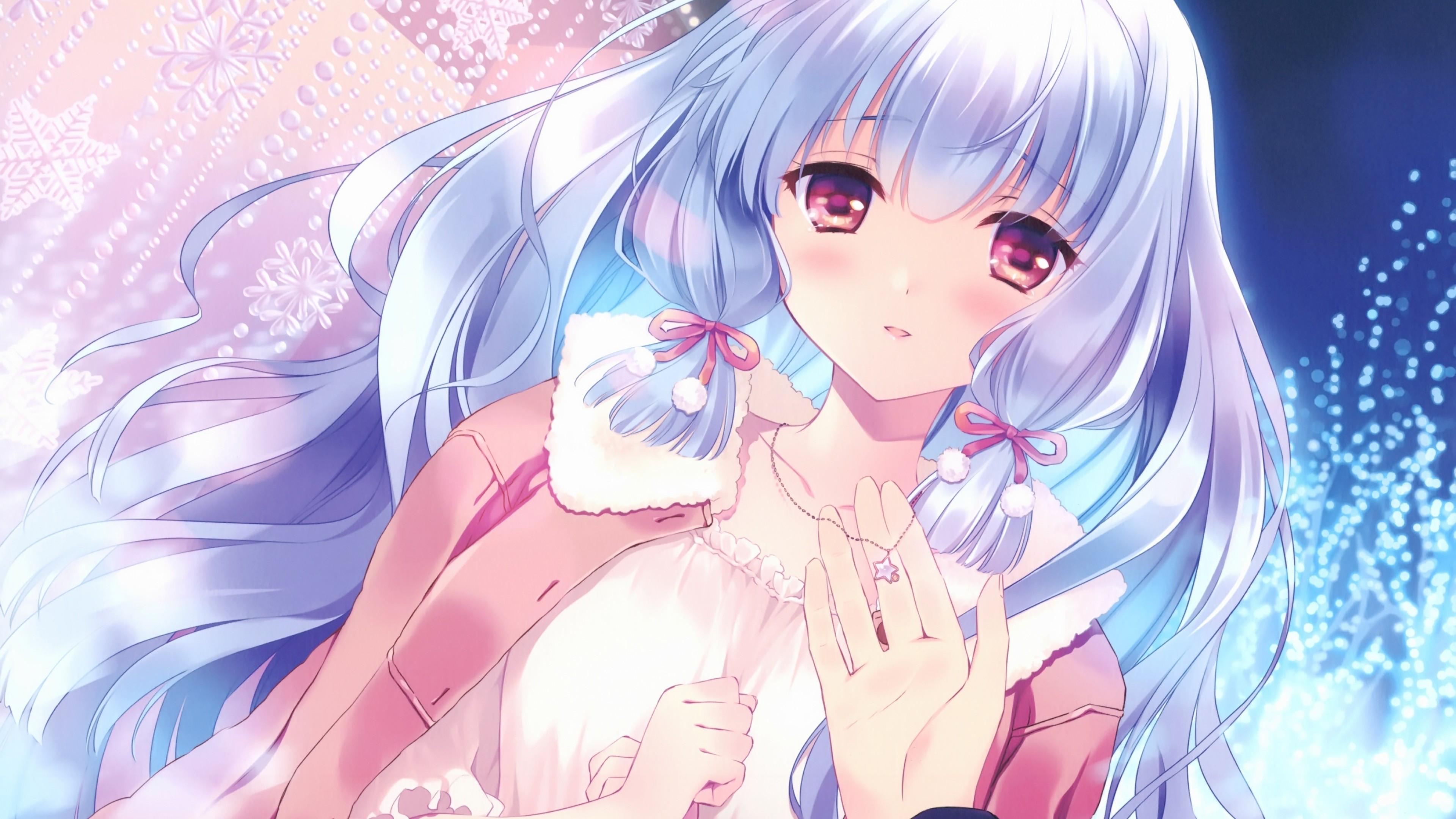 3840x2160 Download 3840x2160 Cute Anime Girl, Silver Hair, Winter, Romance, Couple, Hands Wallpaper for UHD TV