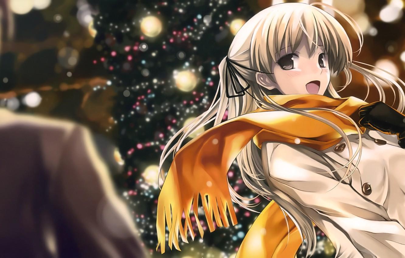 1332x850 Wallpaper winter, smile, back, blonde, anime, art image for desktop, section прочее