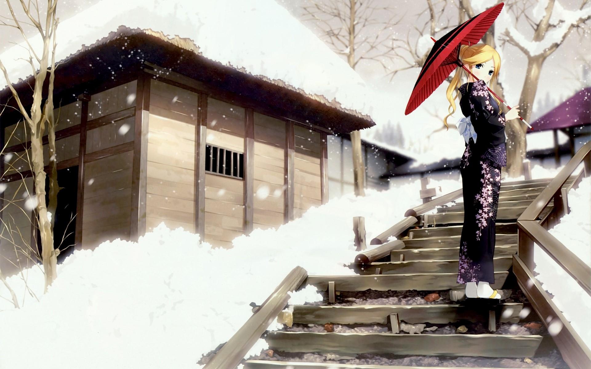 1920x1200 Anime, Geisha, Kimono, Winter, Walk wallpaper
