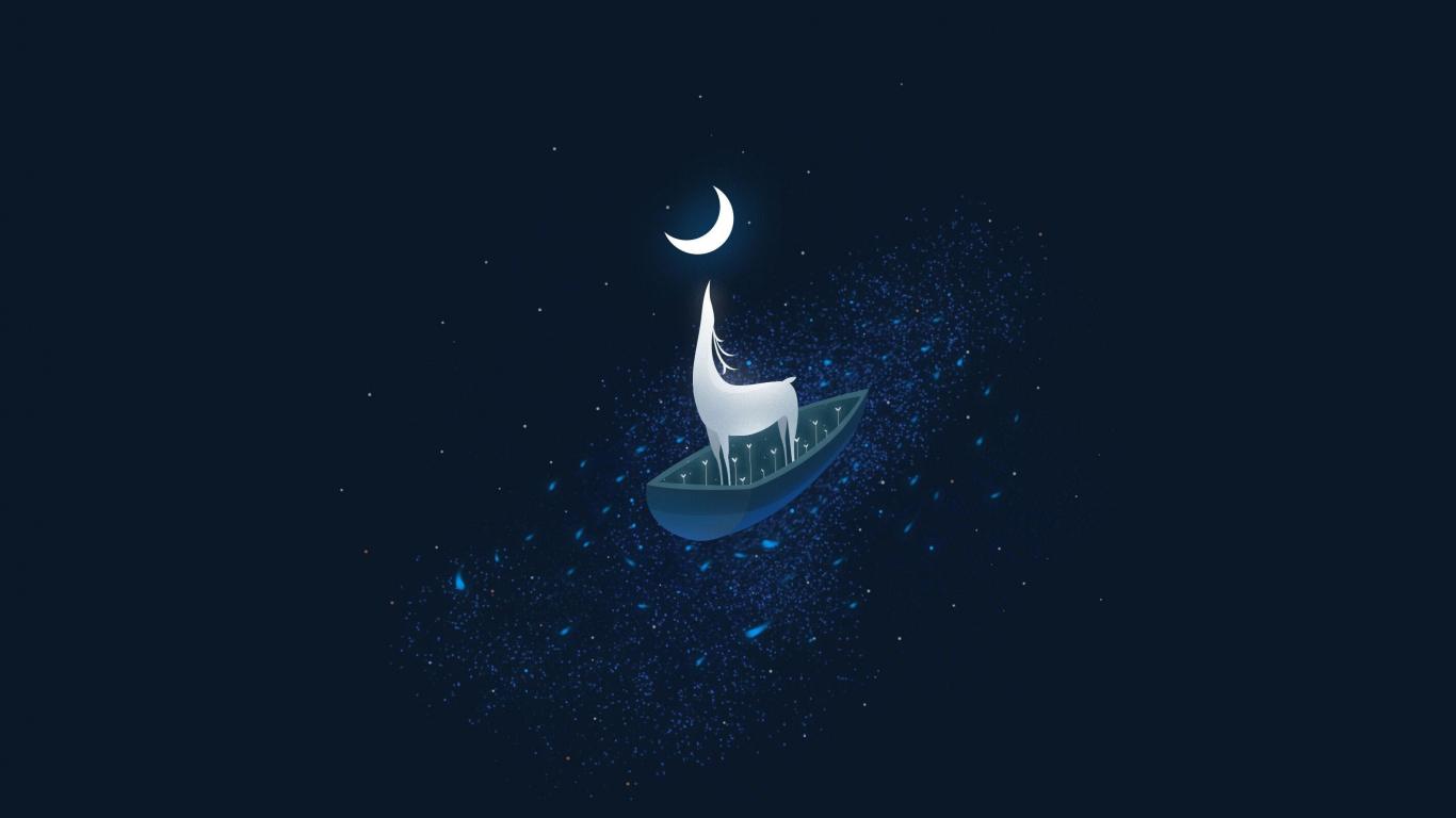 1366x768 Download 1366x768 wallpaper deer, magic stars, half moon, surreal, dark, tablet, laptop, 1366x768 HD image, background, 17362