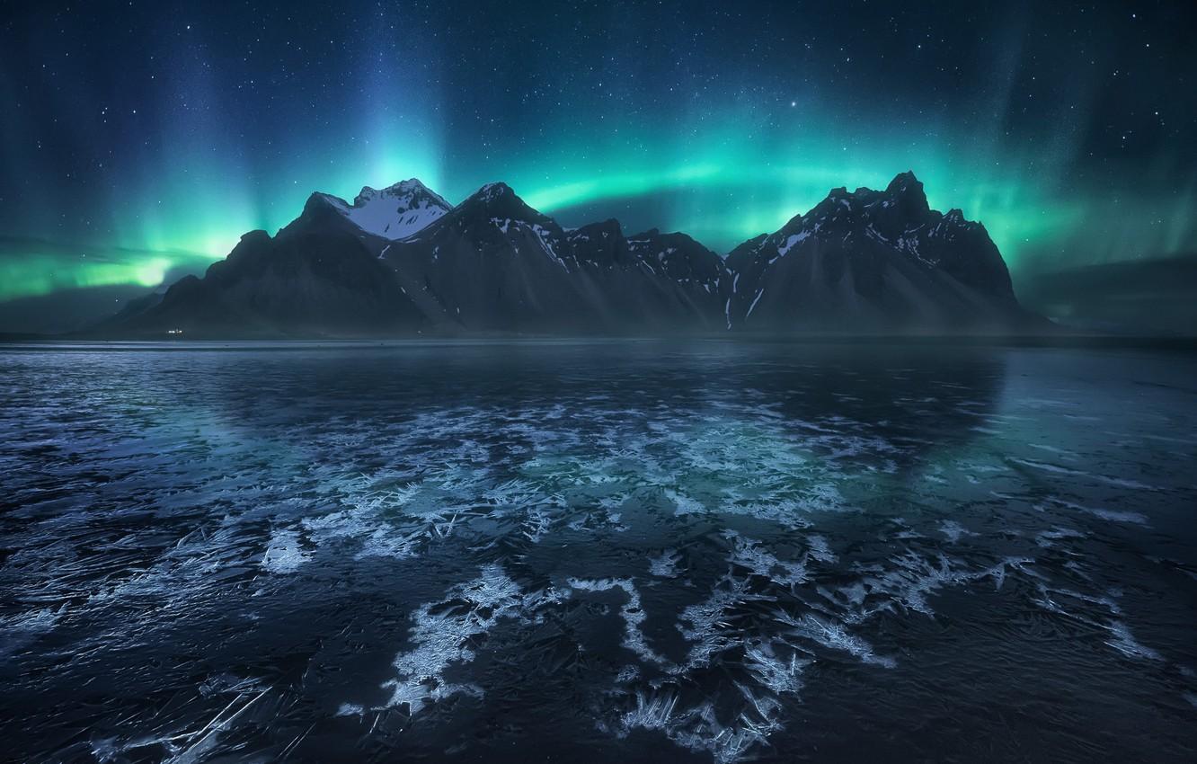 1332x850 Wallpaper the sky, stars, mountains, night, Northern lights, Iceland, the fjord, Cape, Have stoknes, Hornafjordur image for desktop, section пейзажи