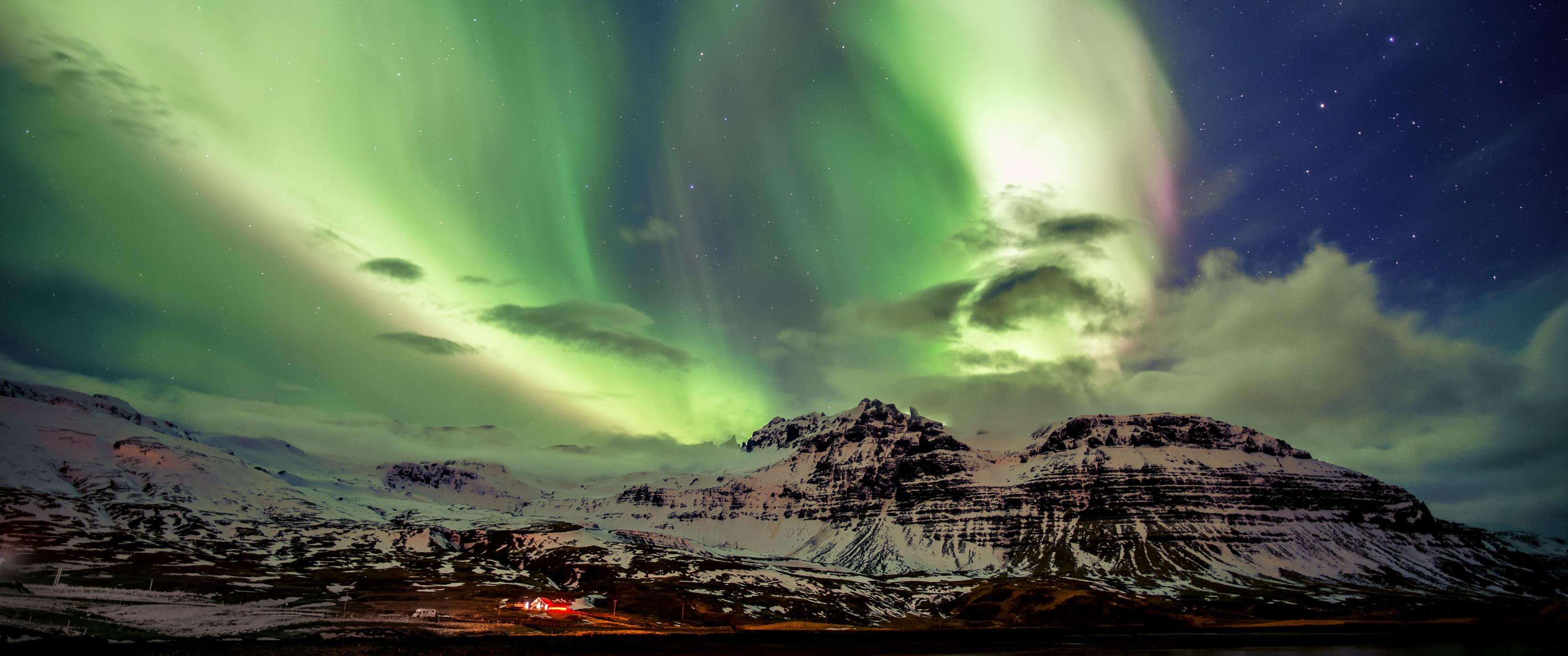 3440x1440 Northern Lights Wallpaper 4K, Aurora Borealis, Iceland, Nature