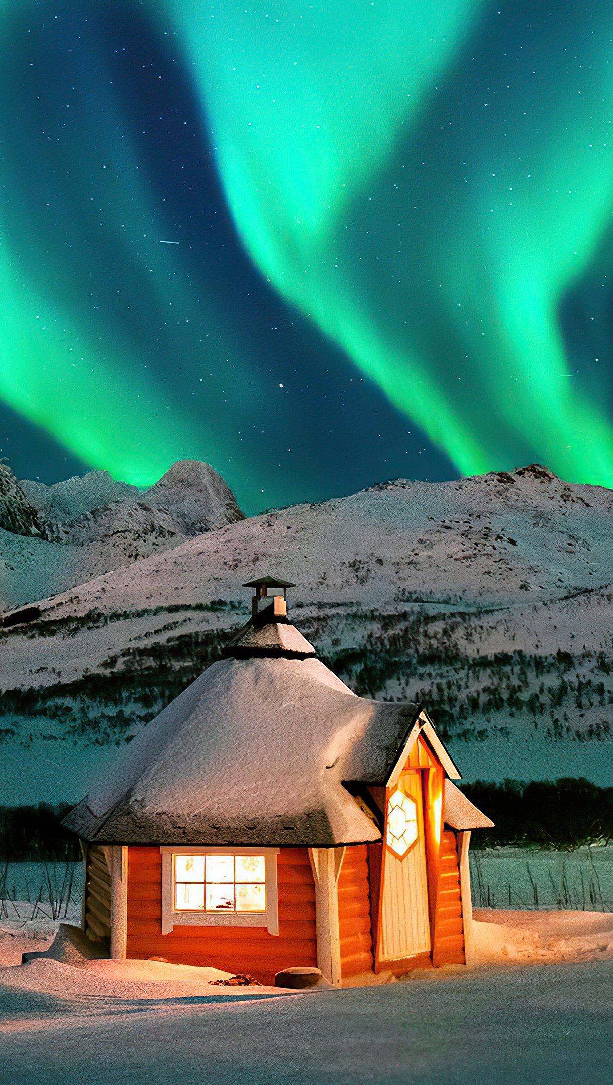 1220x2160 House in the winter with northern lights in the mountains Wallpaper 4k Ultra HD