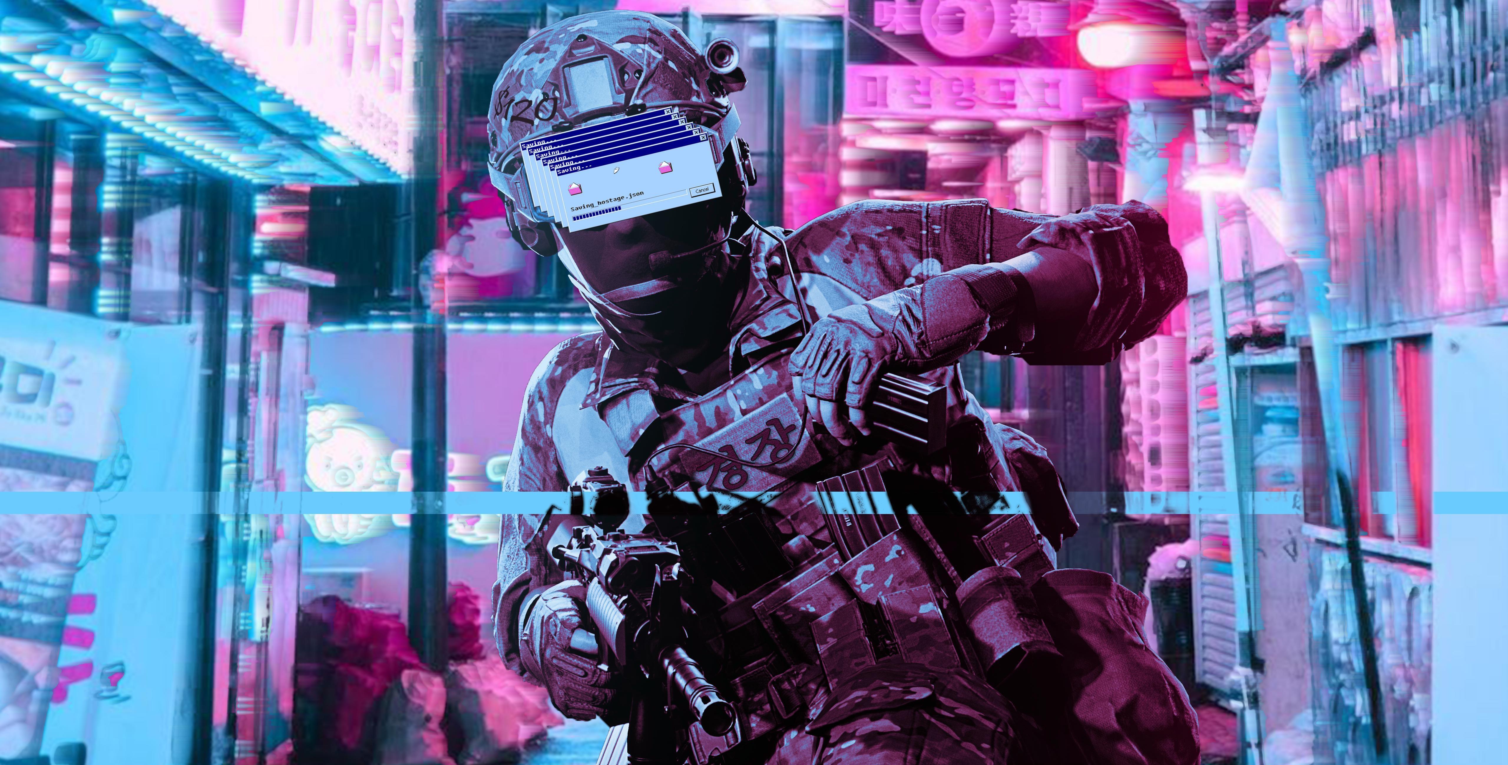 5120x2600 Wallpaper / Ready or Not, police, vaporwave, glitch art, Retrowave, M4