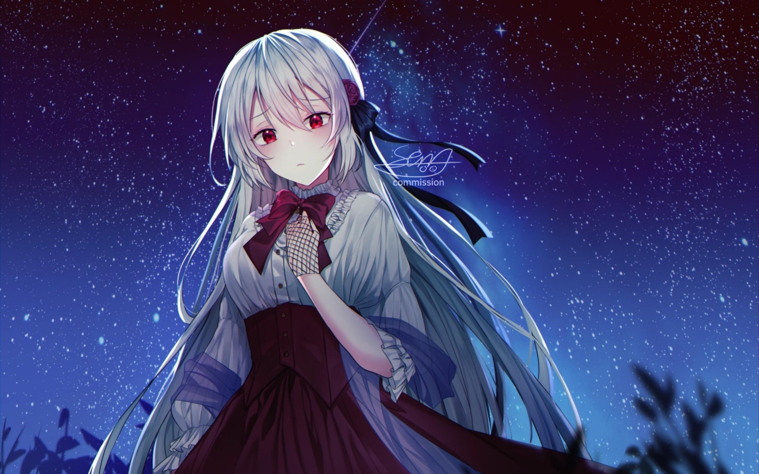 2560x1600 Download 2560x1600 Sadness, Anime Girl, Sad Expression, Stars, Night, Red Eyes, Gray Hair Wallpaper for MacBook Pro 13 inch